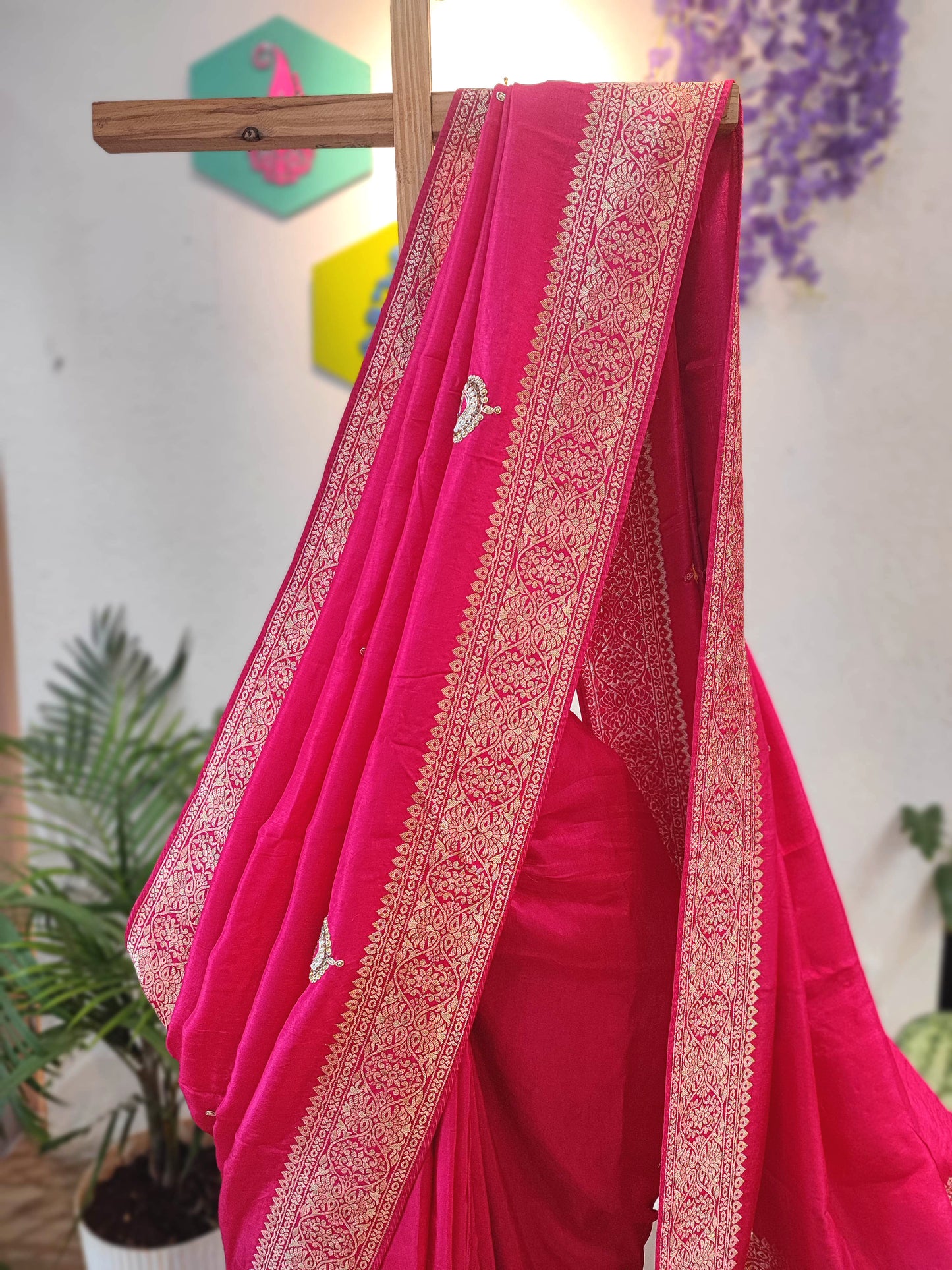 Buy Rani Pink Crepe Silk Banarasi Saree with Handwork Motifs for Wedding