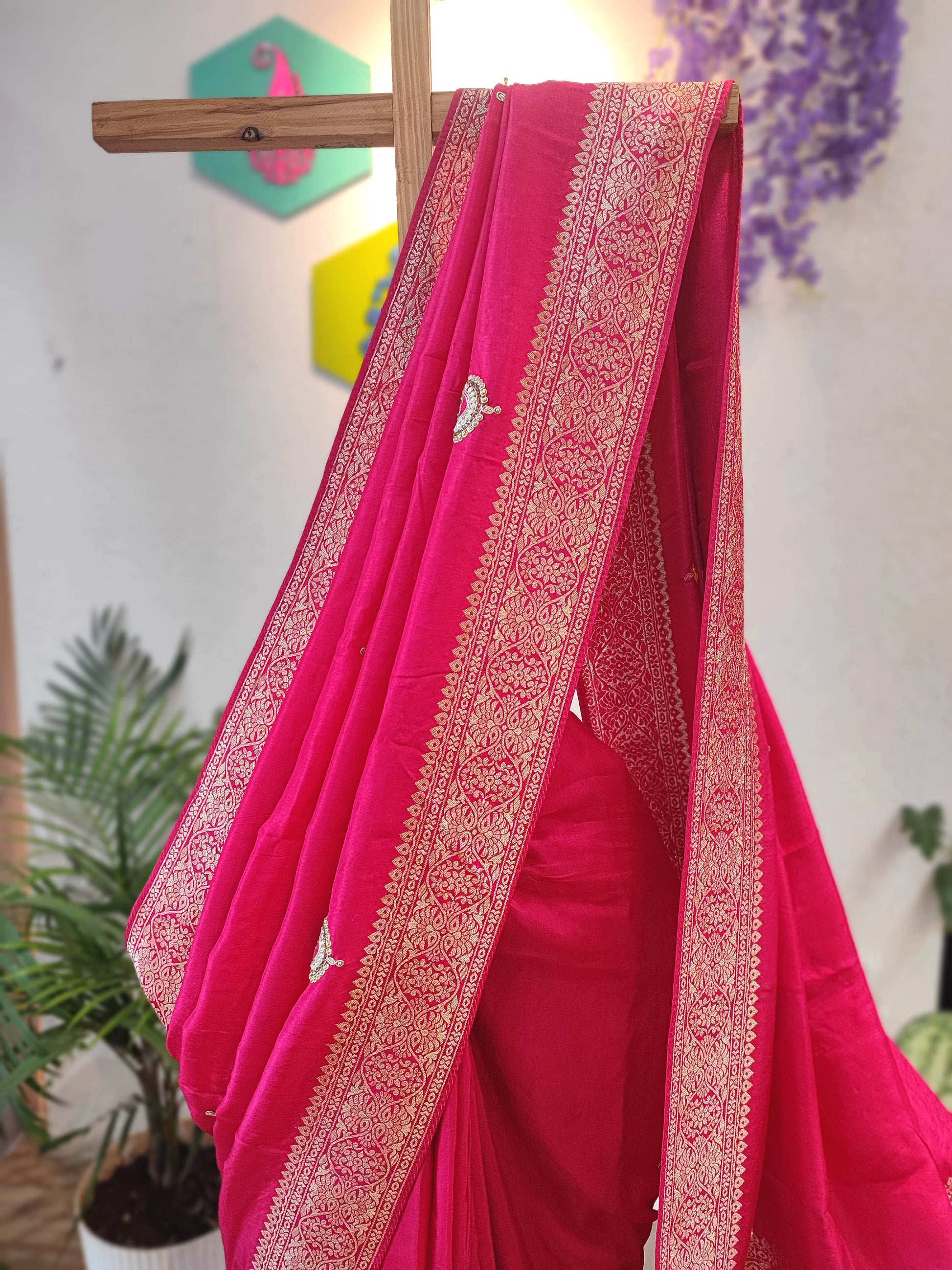 Buy Rani Pink Crepe Silk Banarasi Saree with Handwork Motifs for Wedding