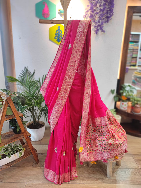 Buy Rani Pink Crepe Silk Banarasi Saree with Handwork Motifs for Wedding