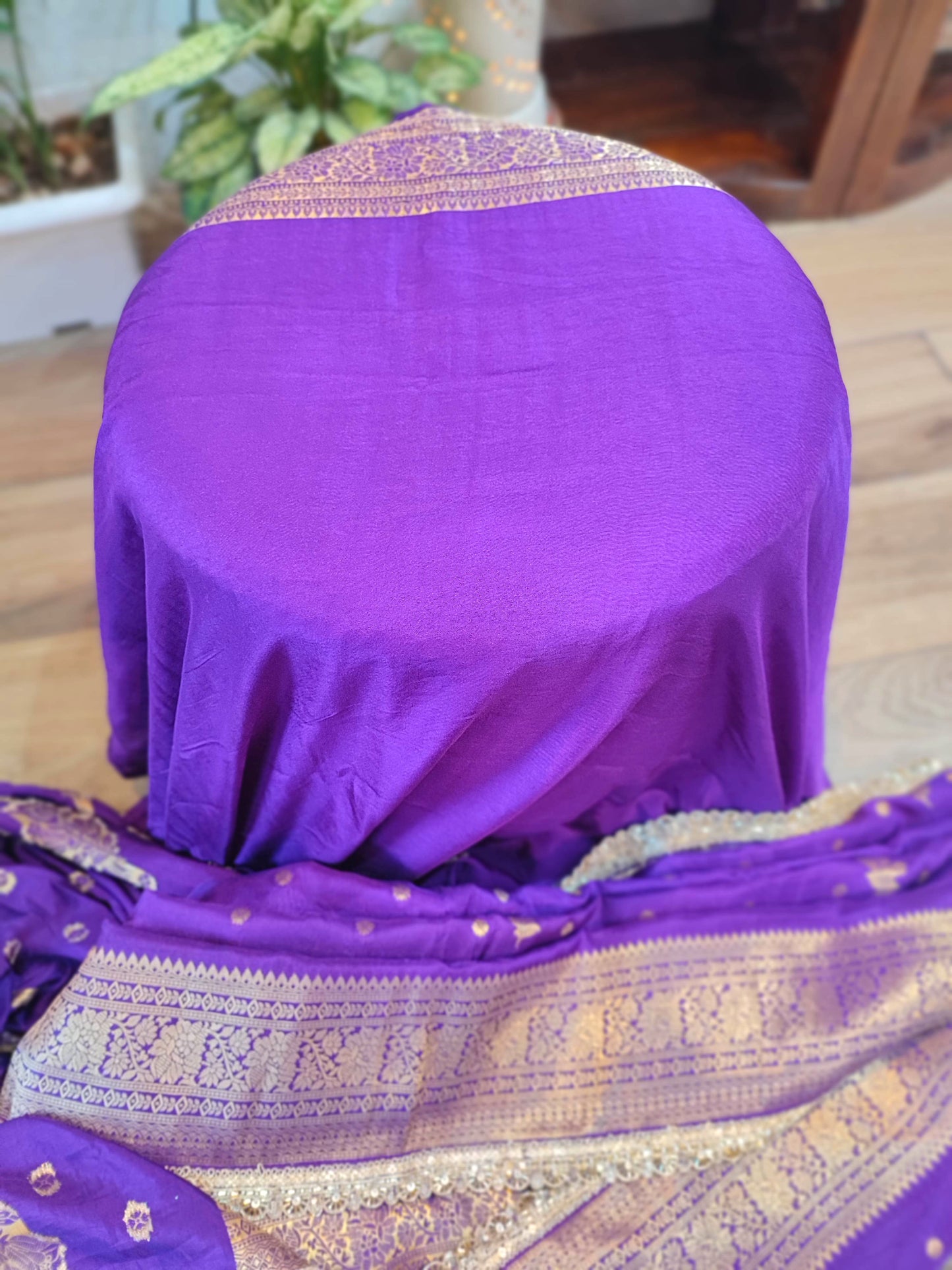Royal Purple Crepe Silk Saree with Banarasi Weaving & Handwork Motifs