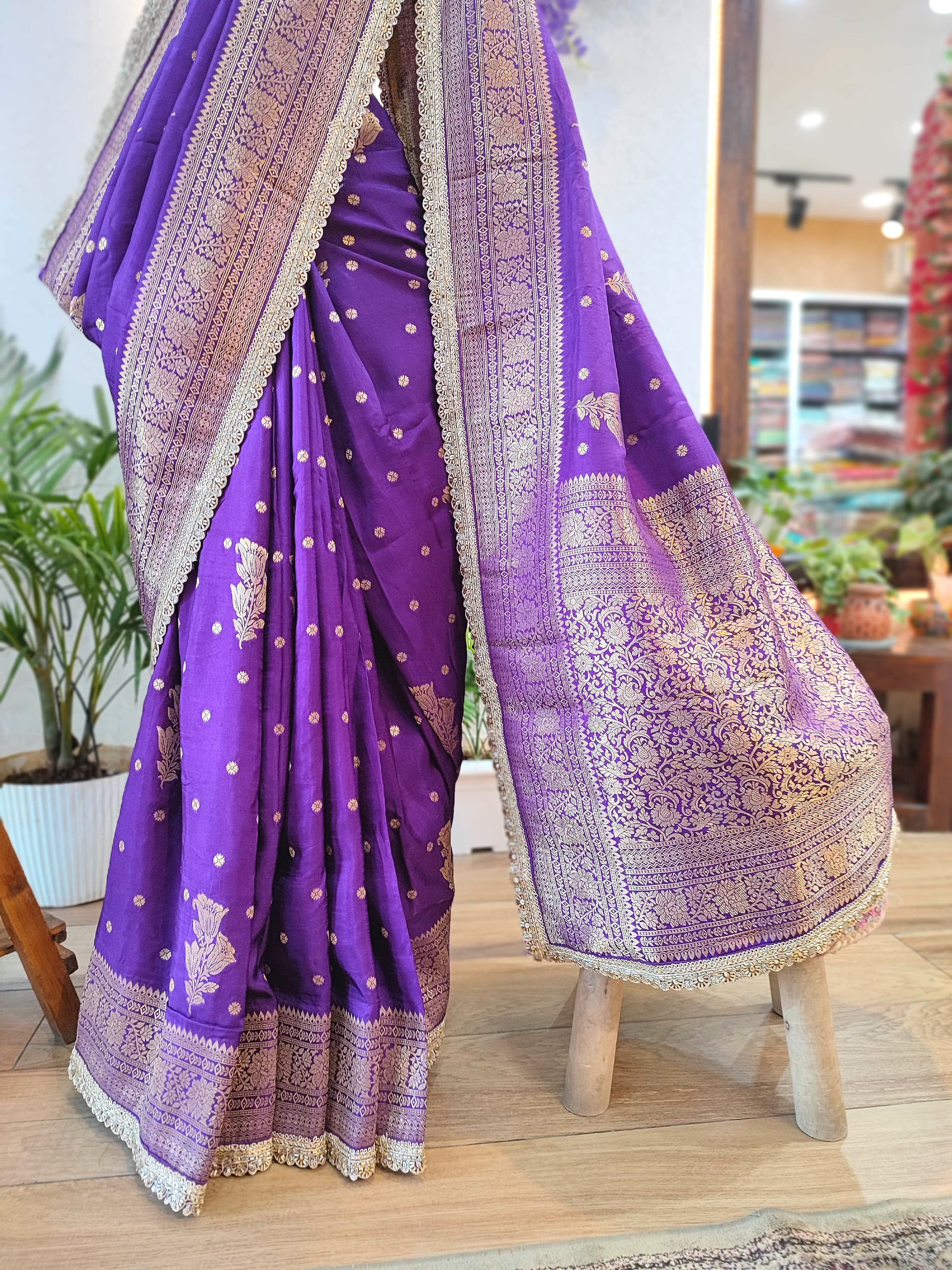 Royal Purple Crepe Silk Saree with Banarasi Weaving & Handwork Motifs