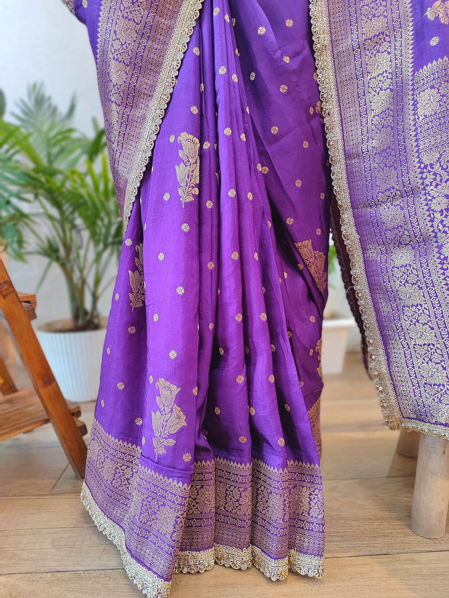 Royal Purple Crepe Silk Saree with Banarasi Weaving & Handwork Motifs