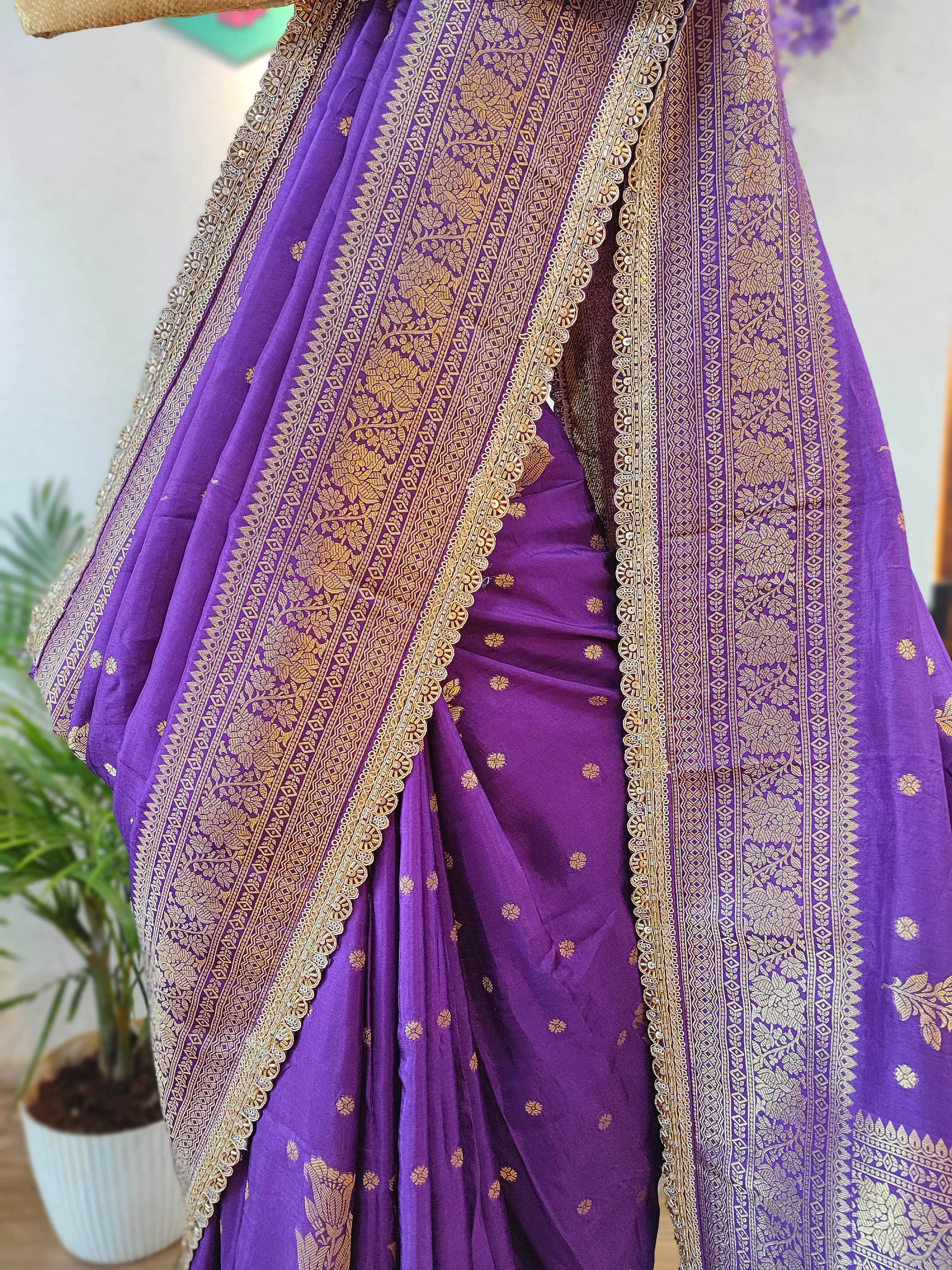 Royal Purple Crepe Silk Saree with Banarasi Weaving & Handwork Motifs