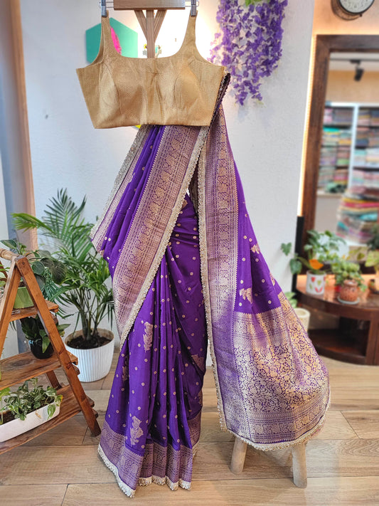 Royal Purple Crepe Silk Saree with Banarasi Weaving & Handwork Motifs