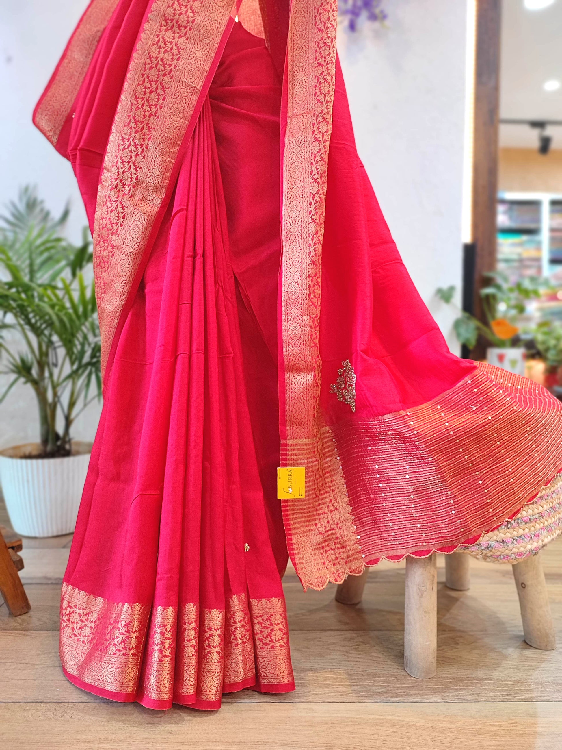 Red Crepe Silk Saree with Banarasi Weaving Border | Shop Festive Wear