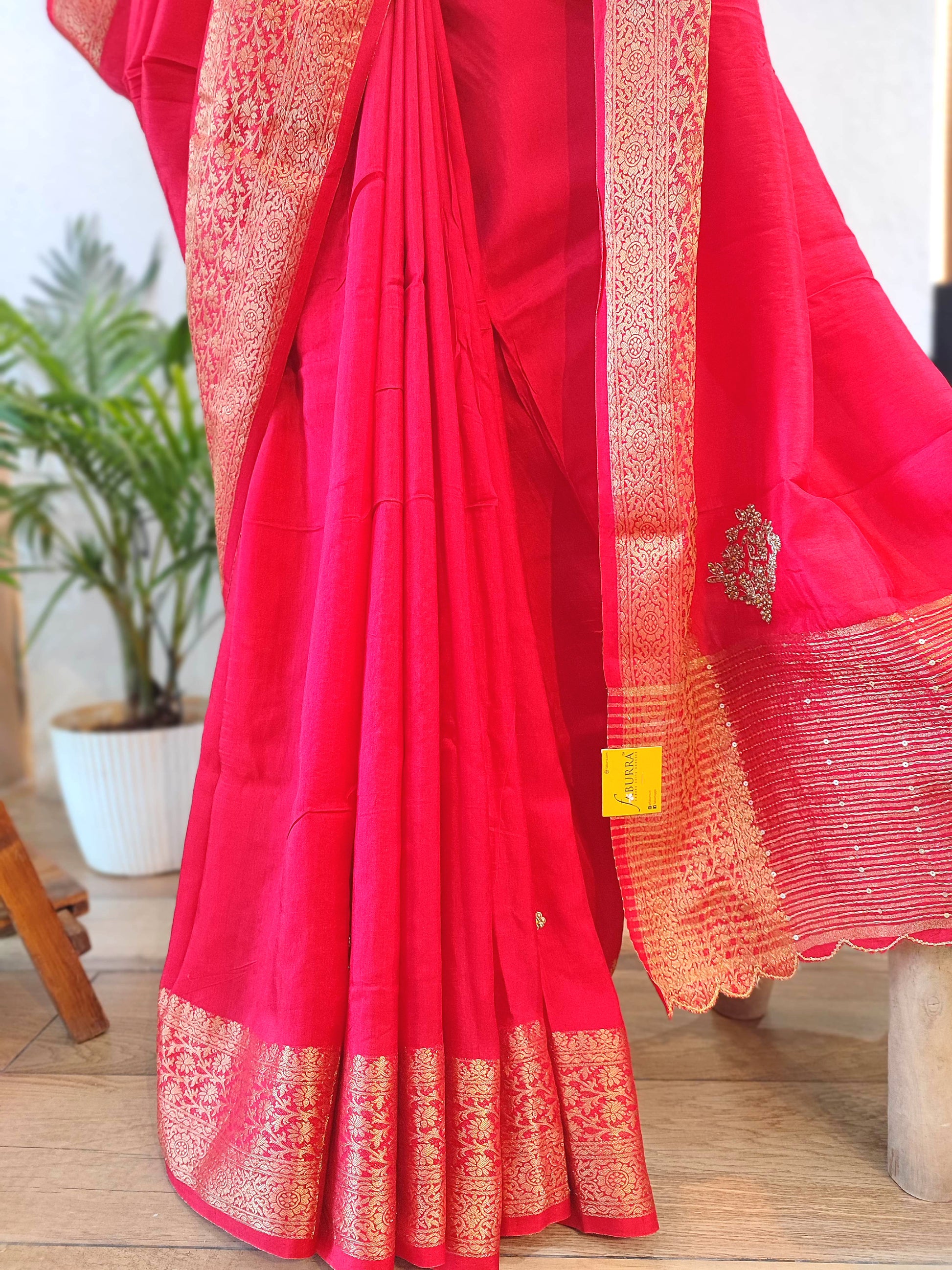Red Crepe Silk Saree with Banarasi Weaving Border | Shop Festive Wear
