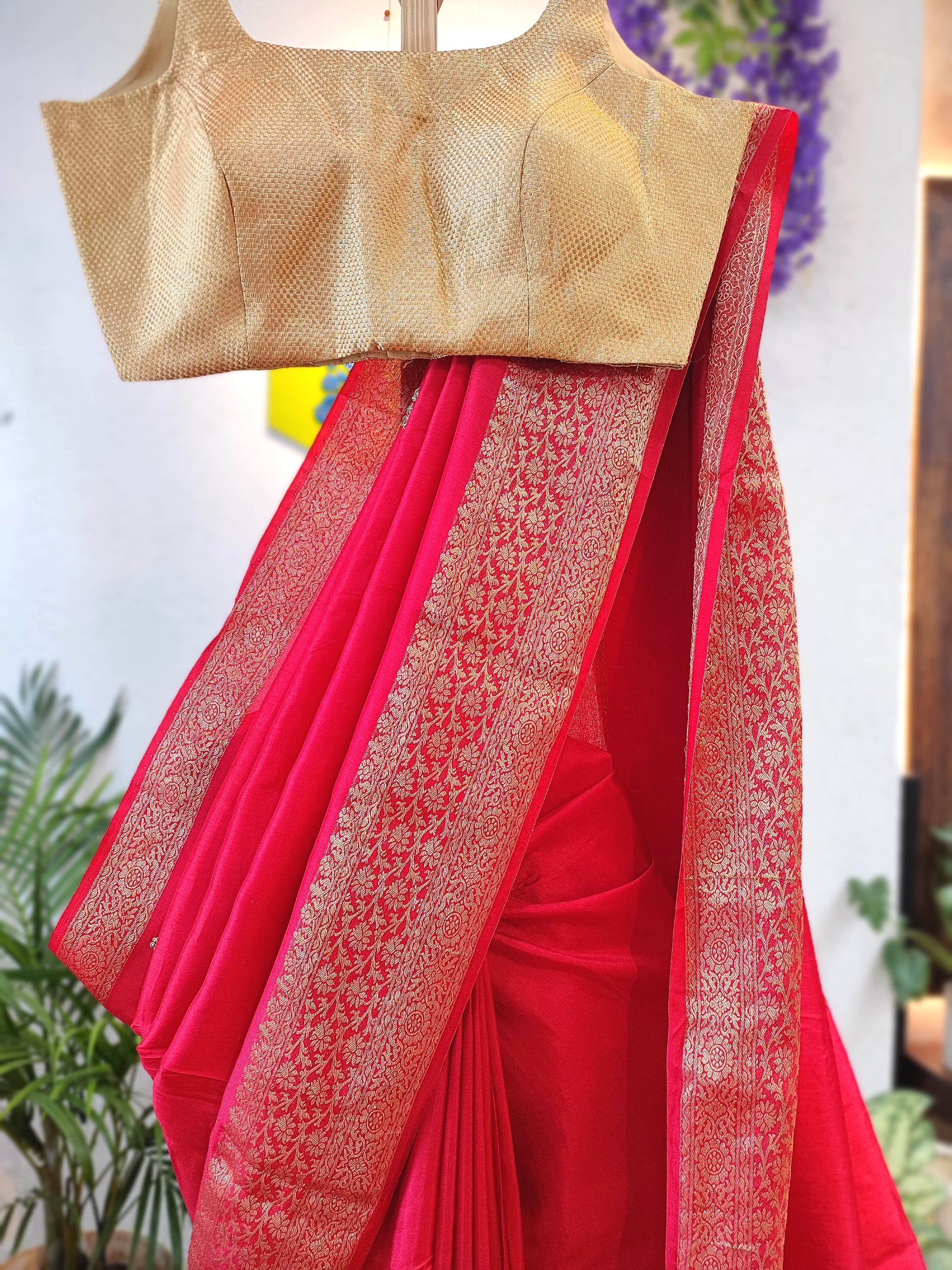Red Crepe Silk Saree with Banarasi Weaving Border | Shop Festive Wear