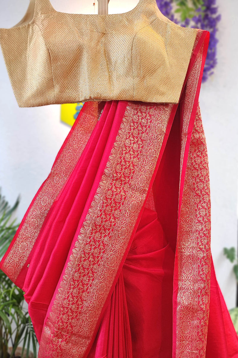 Red Crepe Silk Saree with Banarasi Weaving Border | Shop Festive Wear