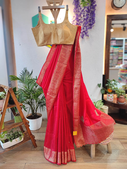 Red Crepe Silk Saree with Banarasi Weaving Border | Shop Festive Wear