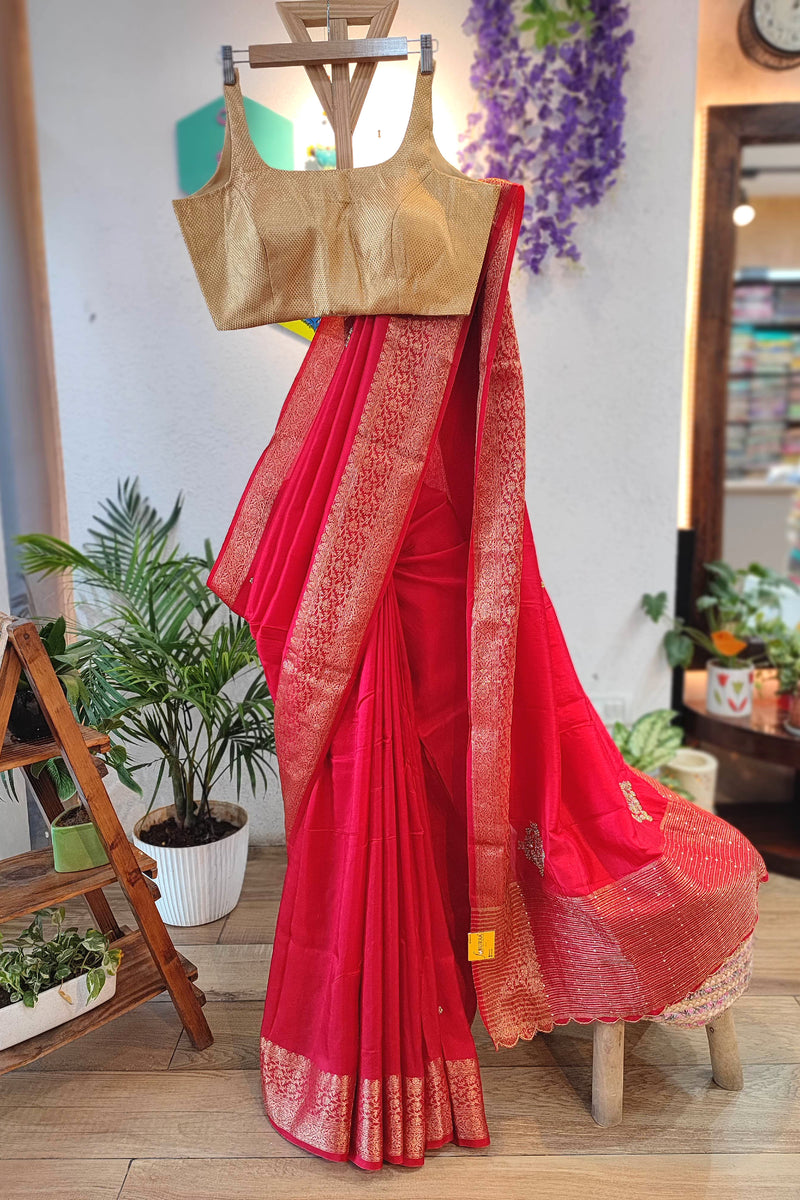 Red Crepe Silk Saree with Banarasi Weaving Border | Shop Festive Wear