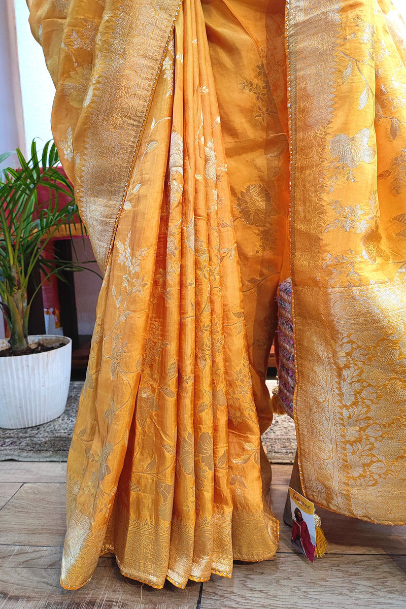 Yellow Crepe Silk Saree with Banarasi Weaving Pallu and Rich Golden Border