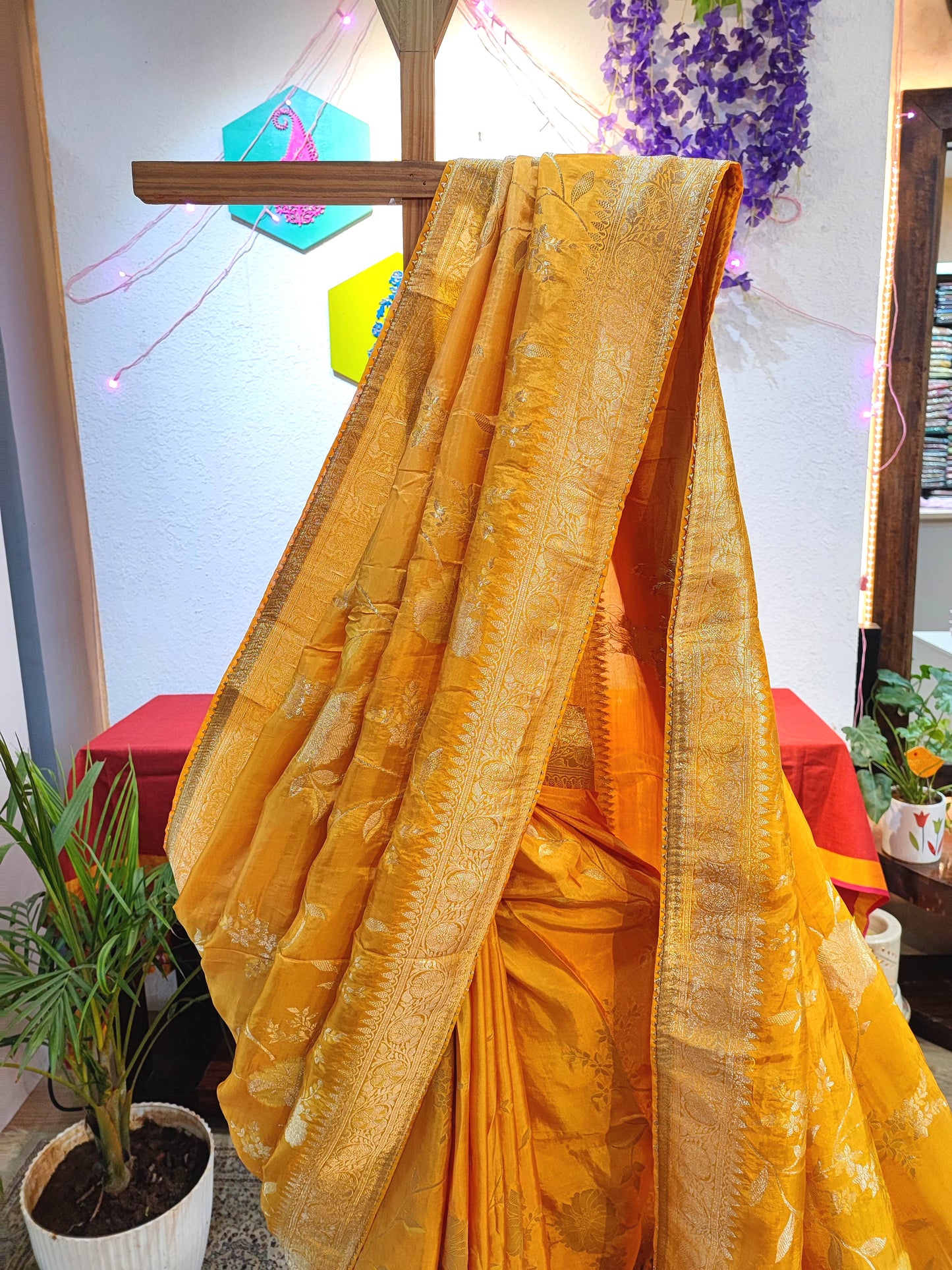 Yellow Crepe Silk Saree with Banarasi Weaving Pallu and Rich Golden Border