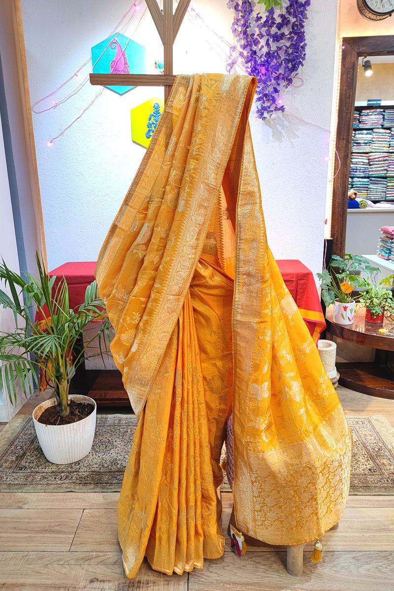Yellow Crepe Silk Saree with Banarasi Weaving Pallu and Rich Golden Border