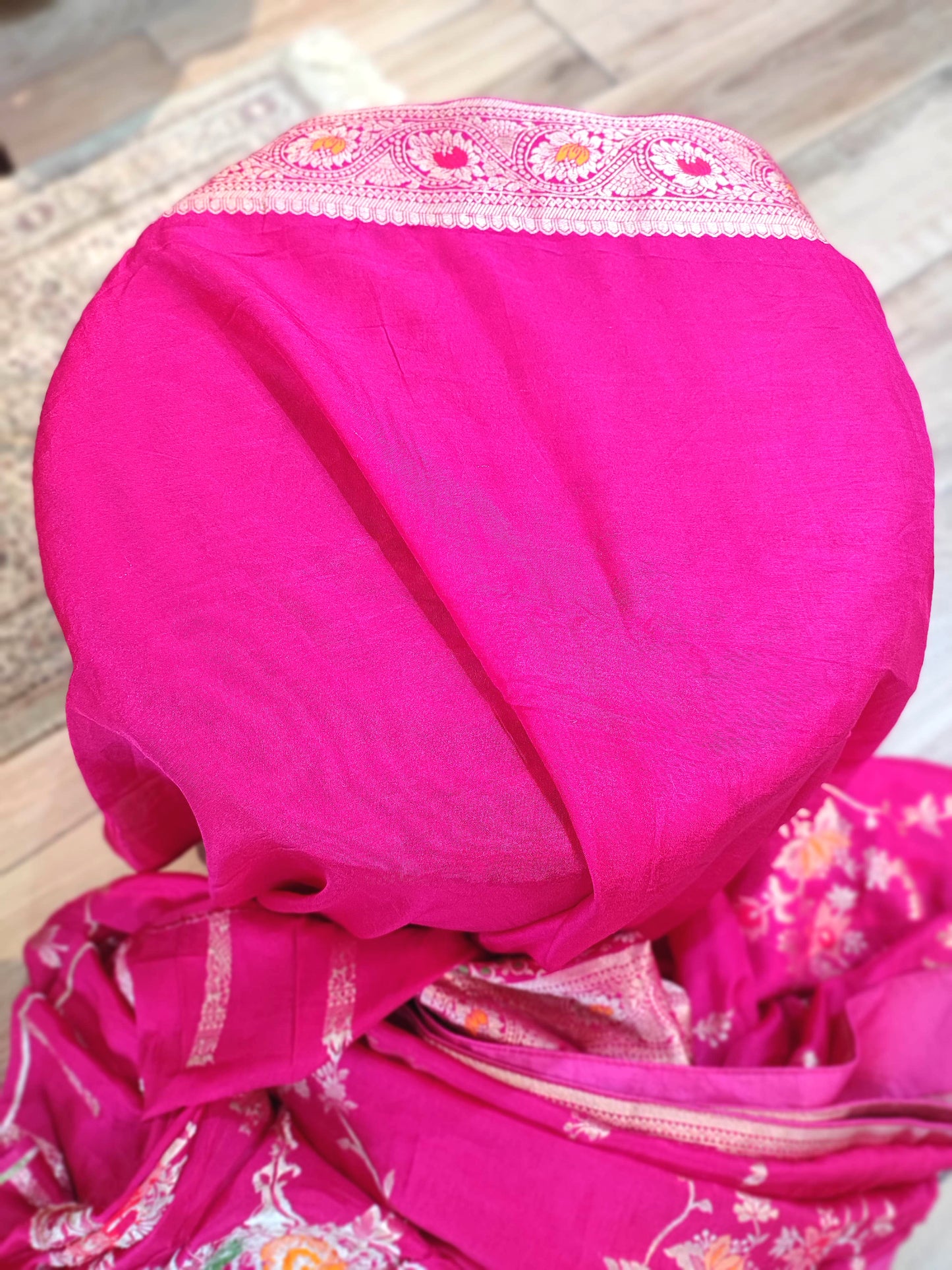 Rani Pink Crepe Silk Saree with Floral Embroidery & Banarasi Weaving Pallu
