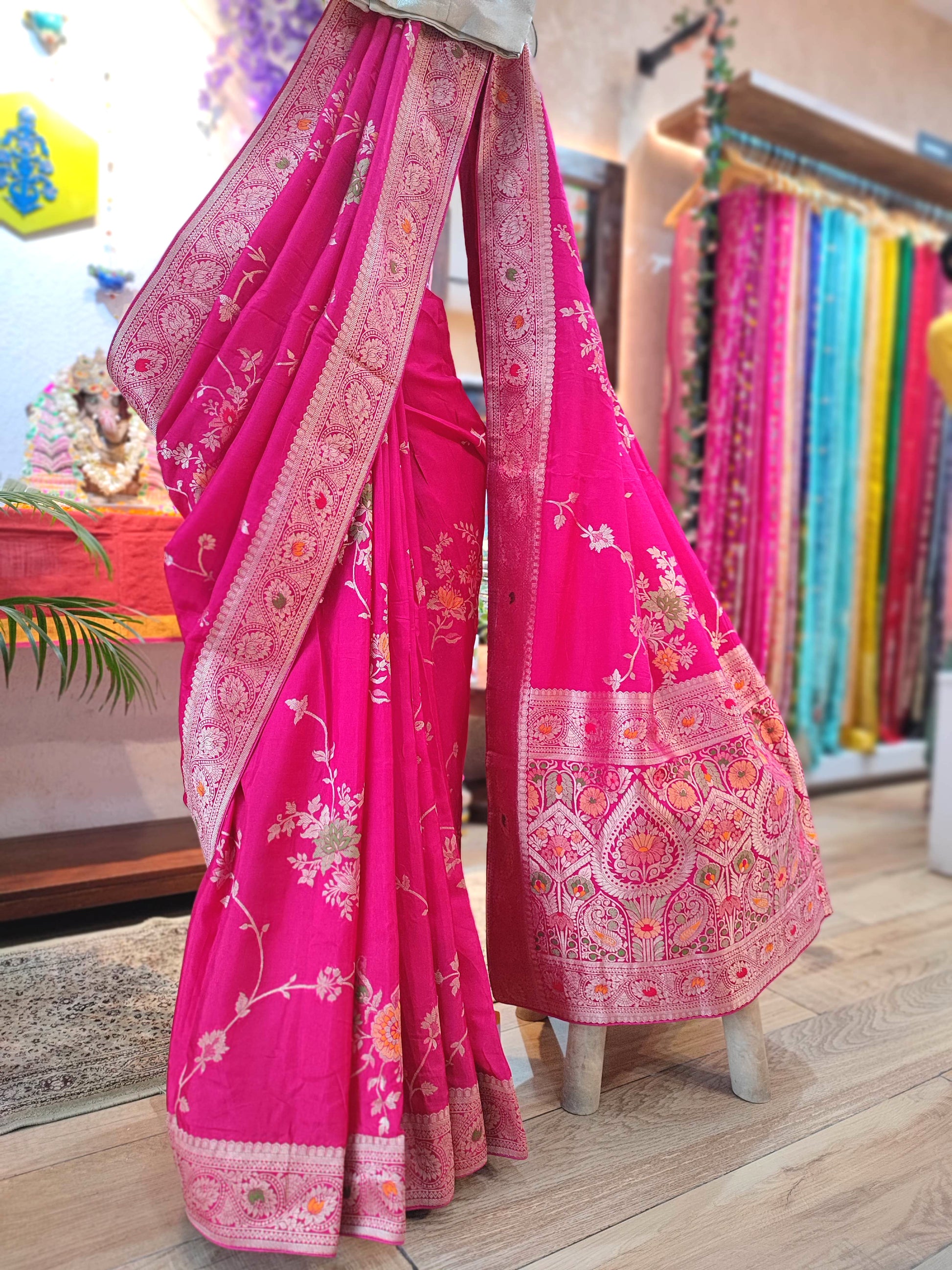 Rani Pink Crepe Silk Saree with Floral Embroidery & Banarasi Pallu