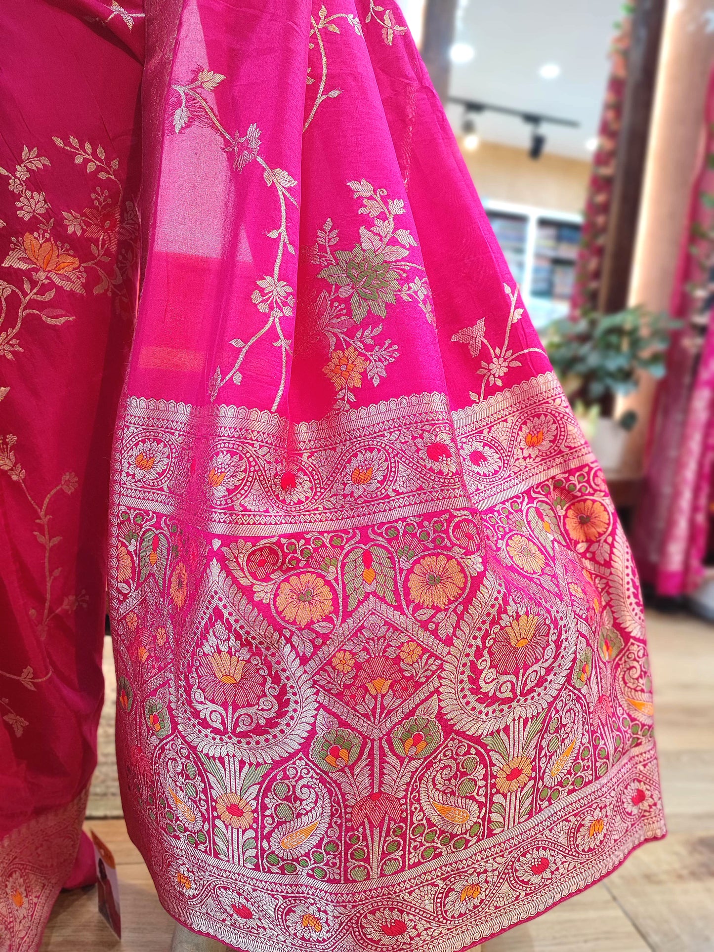 Rani Pink Crepe Silk Saree with Floral Embroidery & Banarasi Weaving Pallu