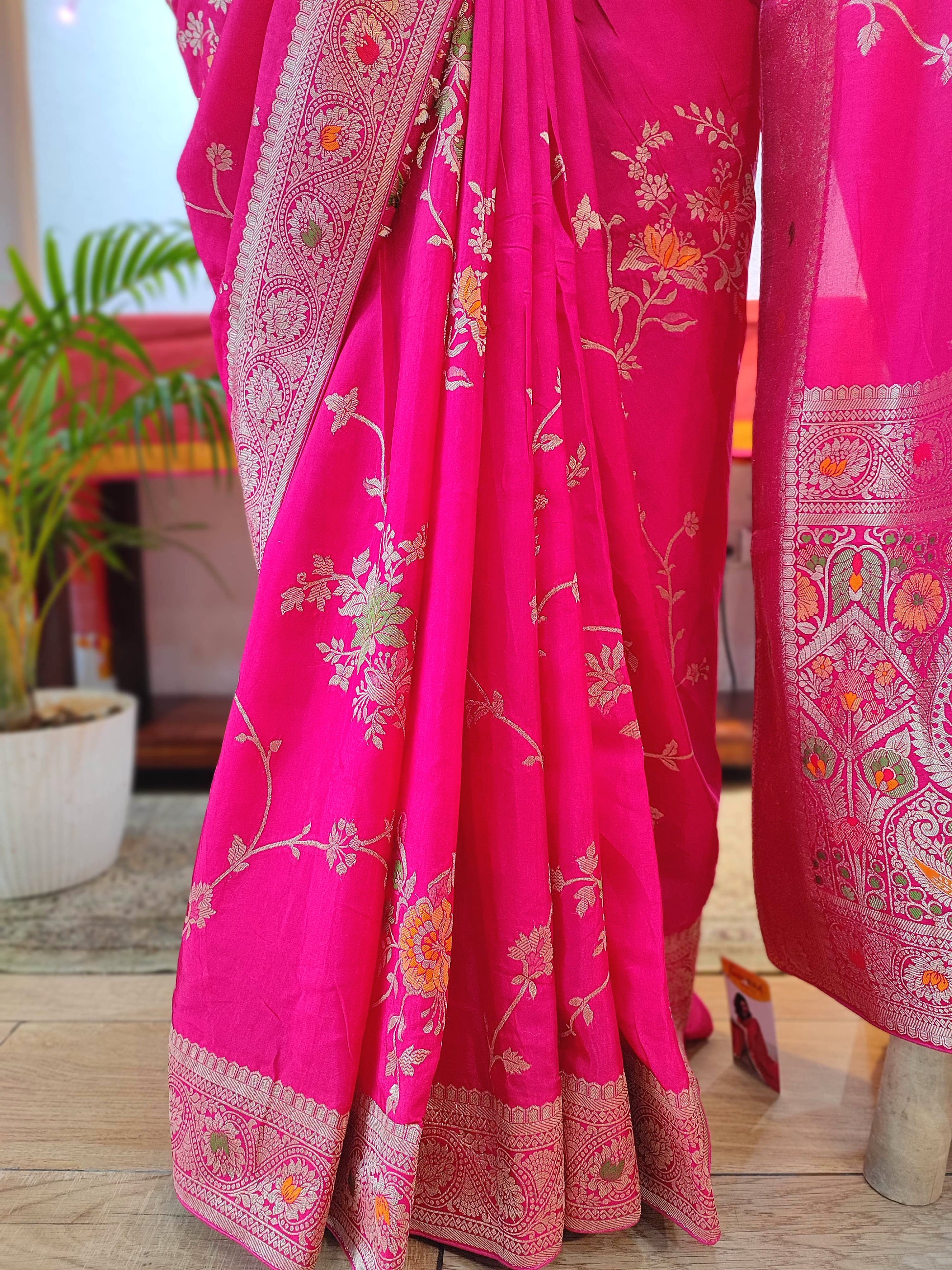 Rani Pink Crepe Silk Saree with Floral Embroidery & Banarasi Pallu