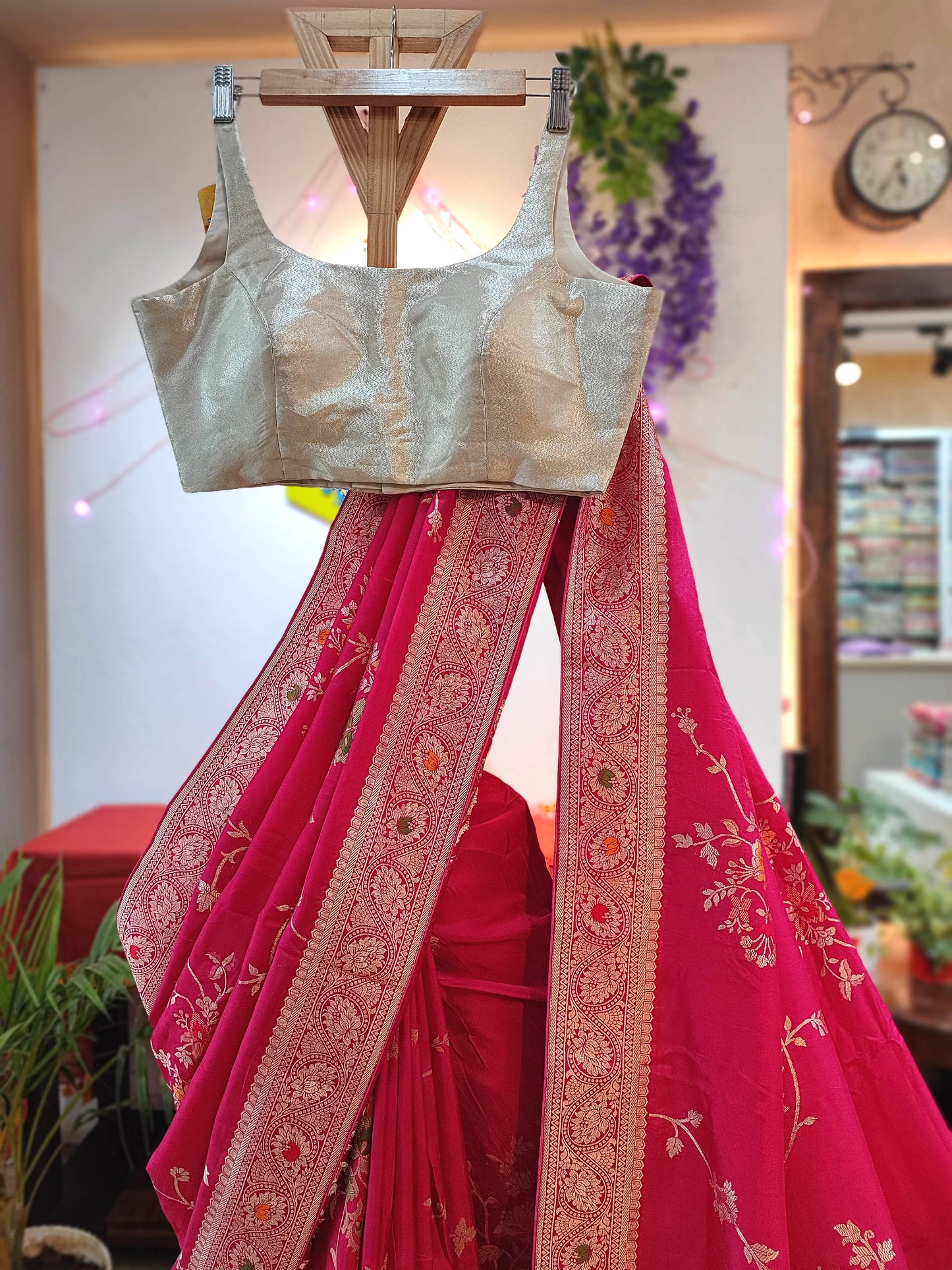 Rani Pink Crepe Silk Saree with Floral Embroidery & Banarasi Pallu