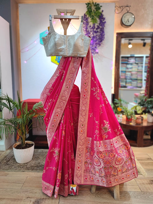 Rani Pink Crepe Silk Saree with Floral Embroidery & Banarasi Pallu
