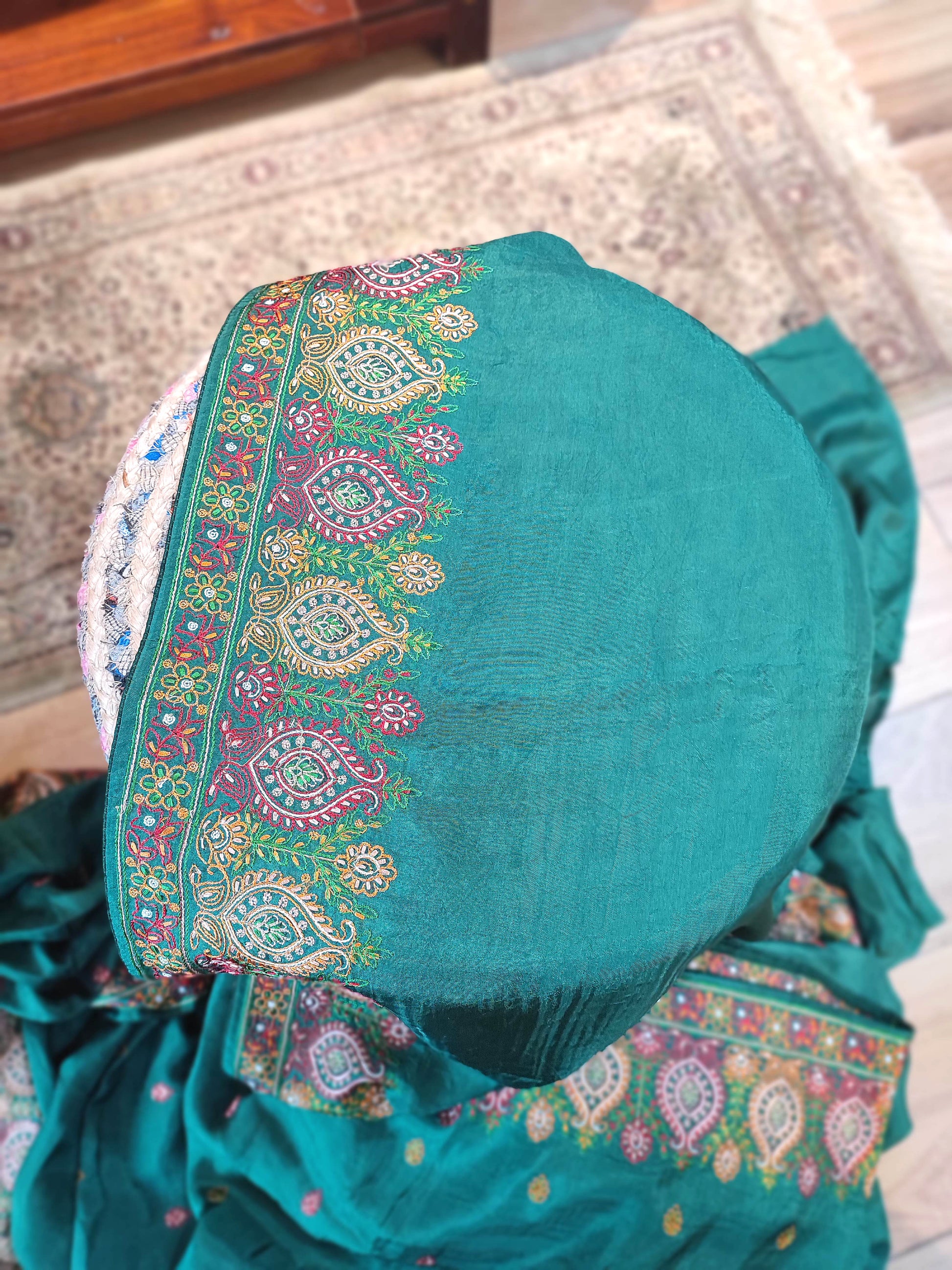 Green Crepe Silk Saree with Handwork Embroidery Border | Festive Wear