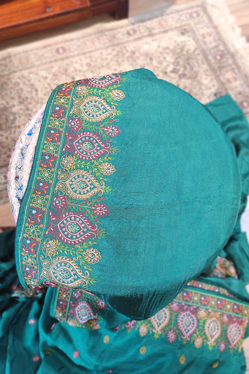 Green Crepe Silk Saree with Handwork Embroidery Border | Festive Wear