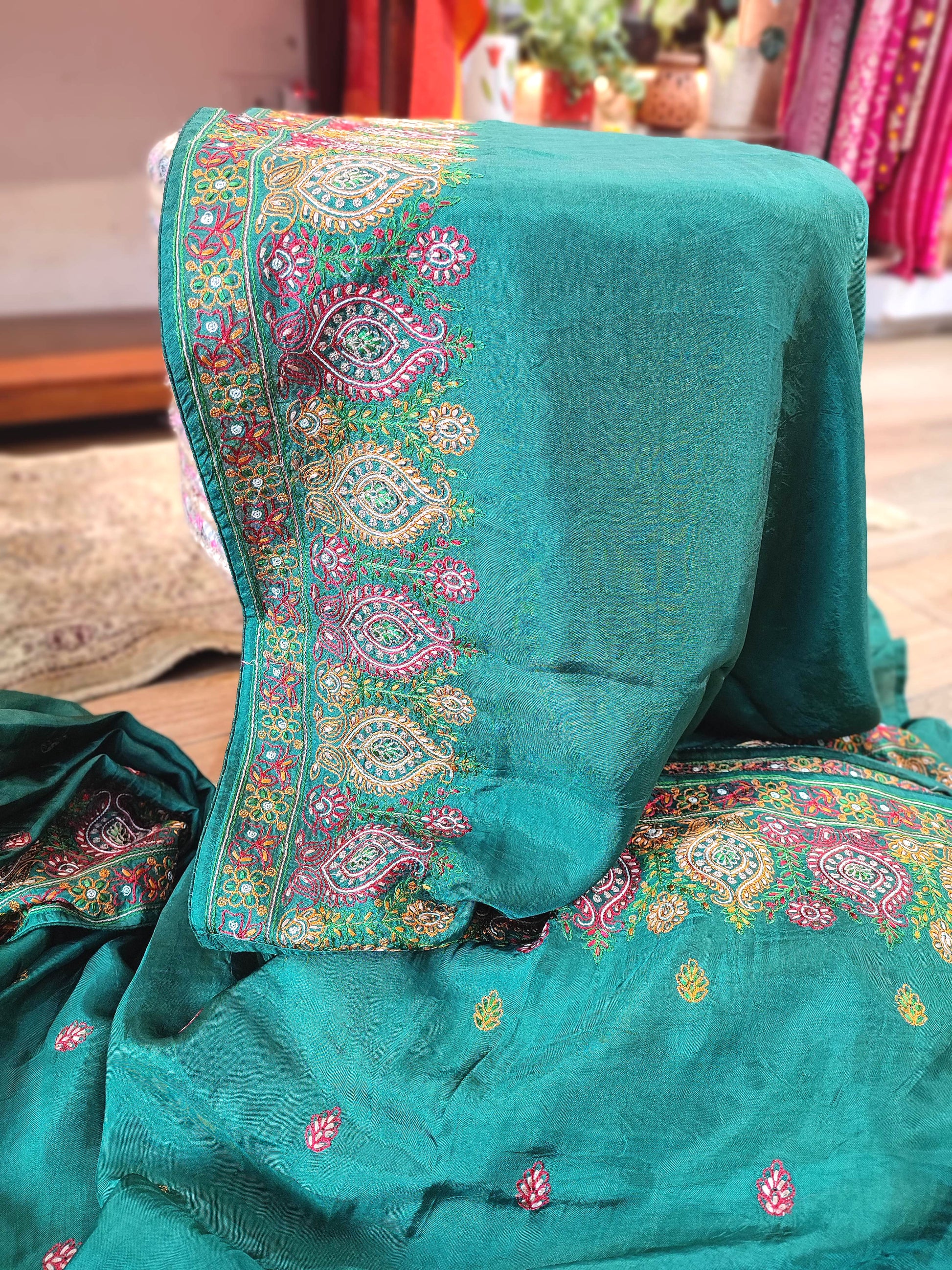 Green Crepe Silk Saree with Handwork Embroidery Border | Festive Wear
