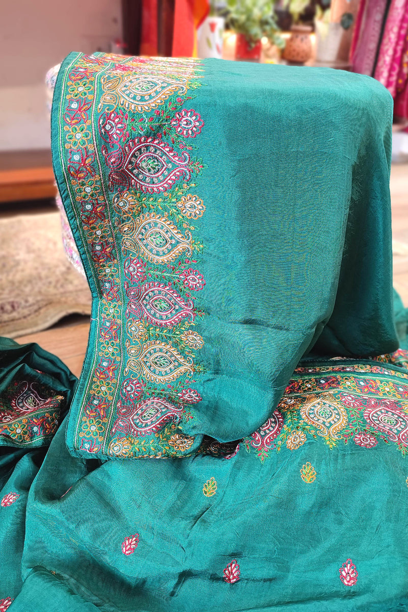 Green Crepe Silk Saree with Handwork Embroidery Border | Festive Wear