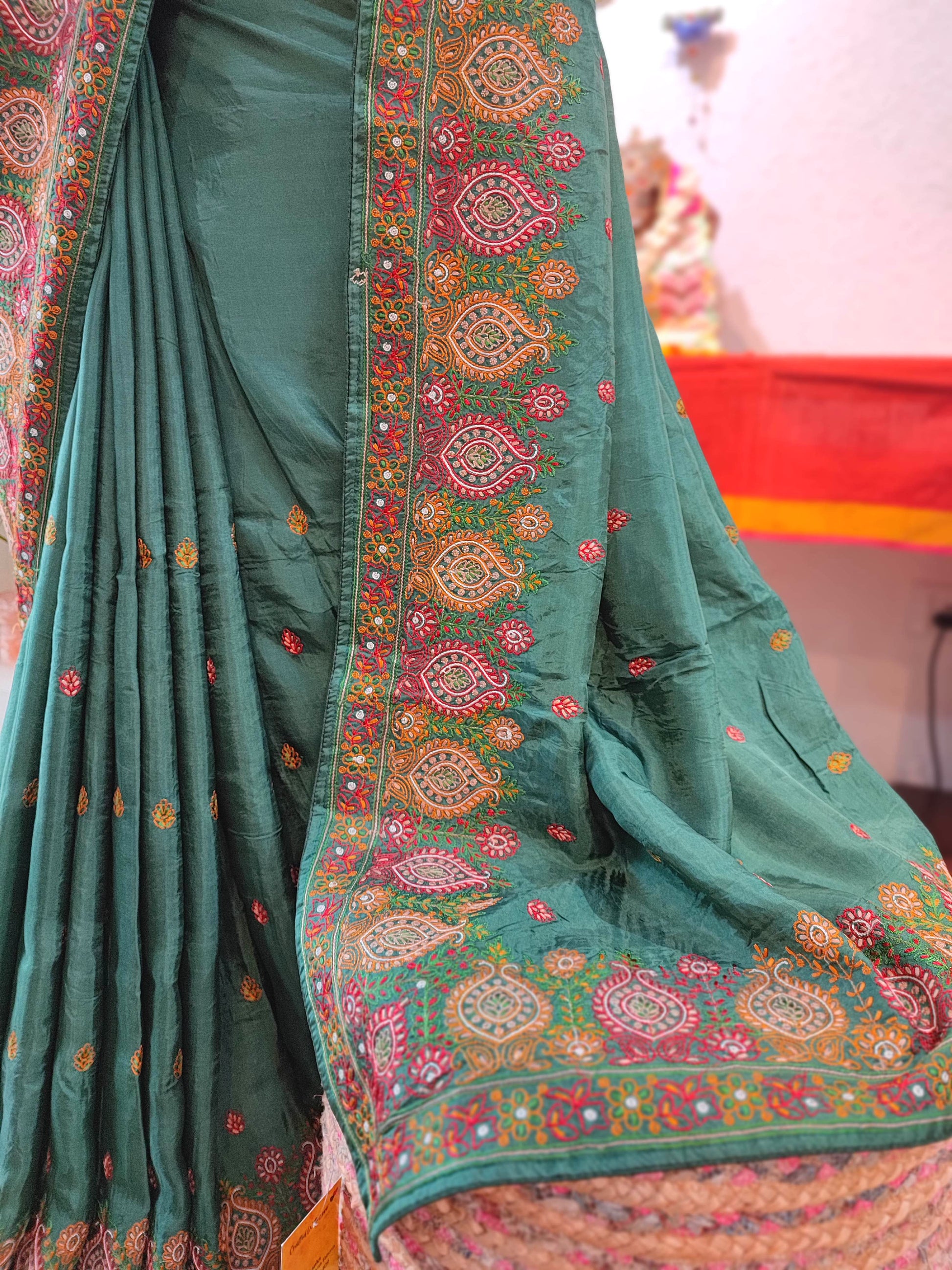 Green Crepe Silk Saree with Handwork Embroidery Border | Festive Wear