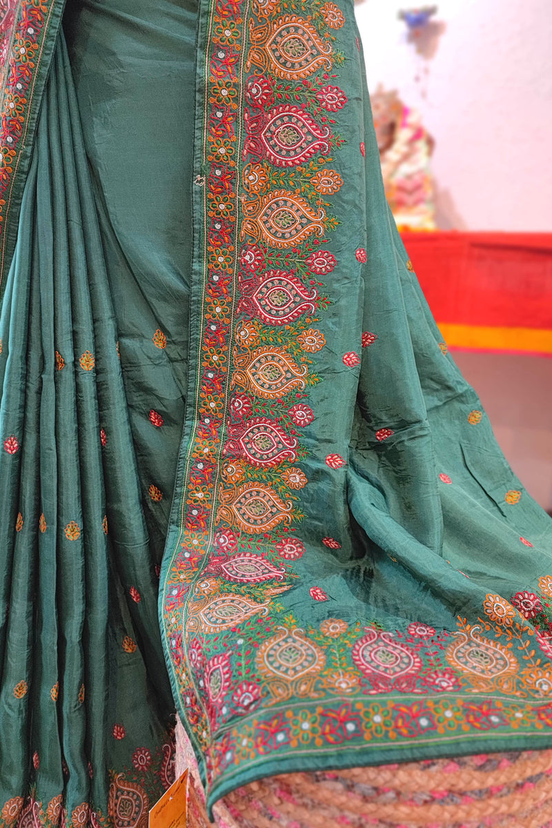 Green Crepe Silk Saree with Handwork Embroidery Border | Festive Wear