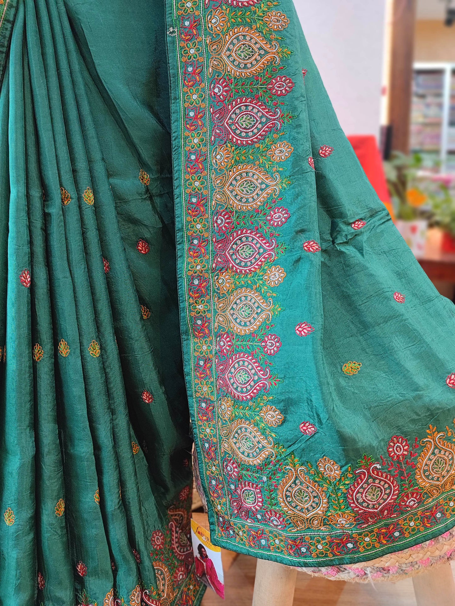 Green Crepe Silk Saree with Handwork Embroidery Border | Festive Wear