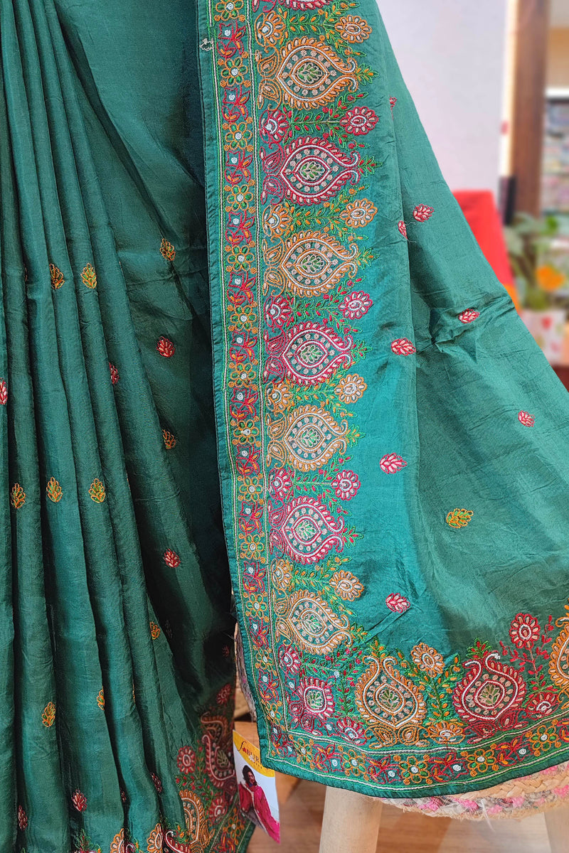 Green Crepe Silk Saree with Handwork Embroidery Border | Festive Wear