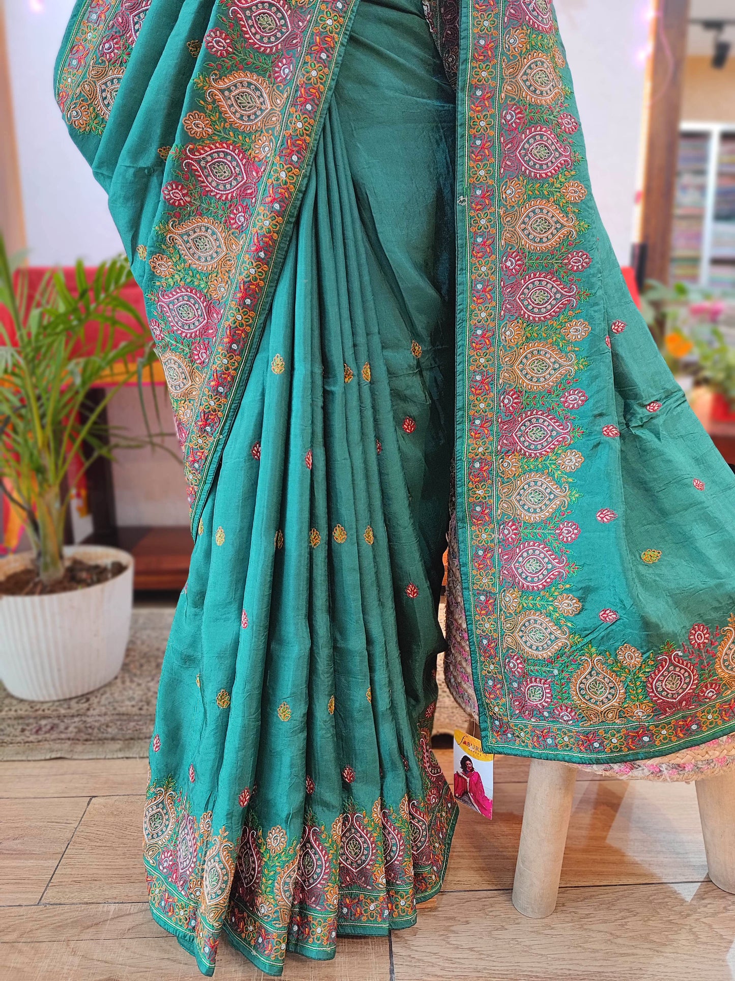 Green Crepe Silk Saree with Handwork Embroidery Border | Festive Wear