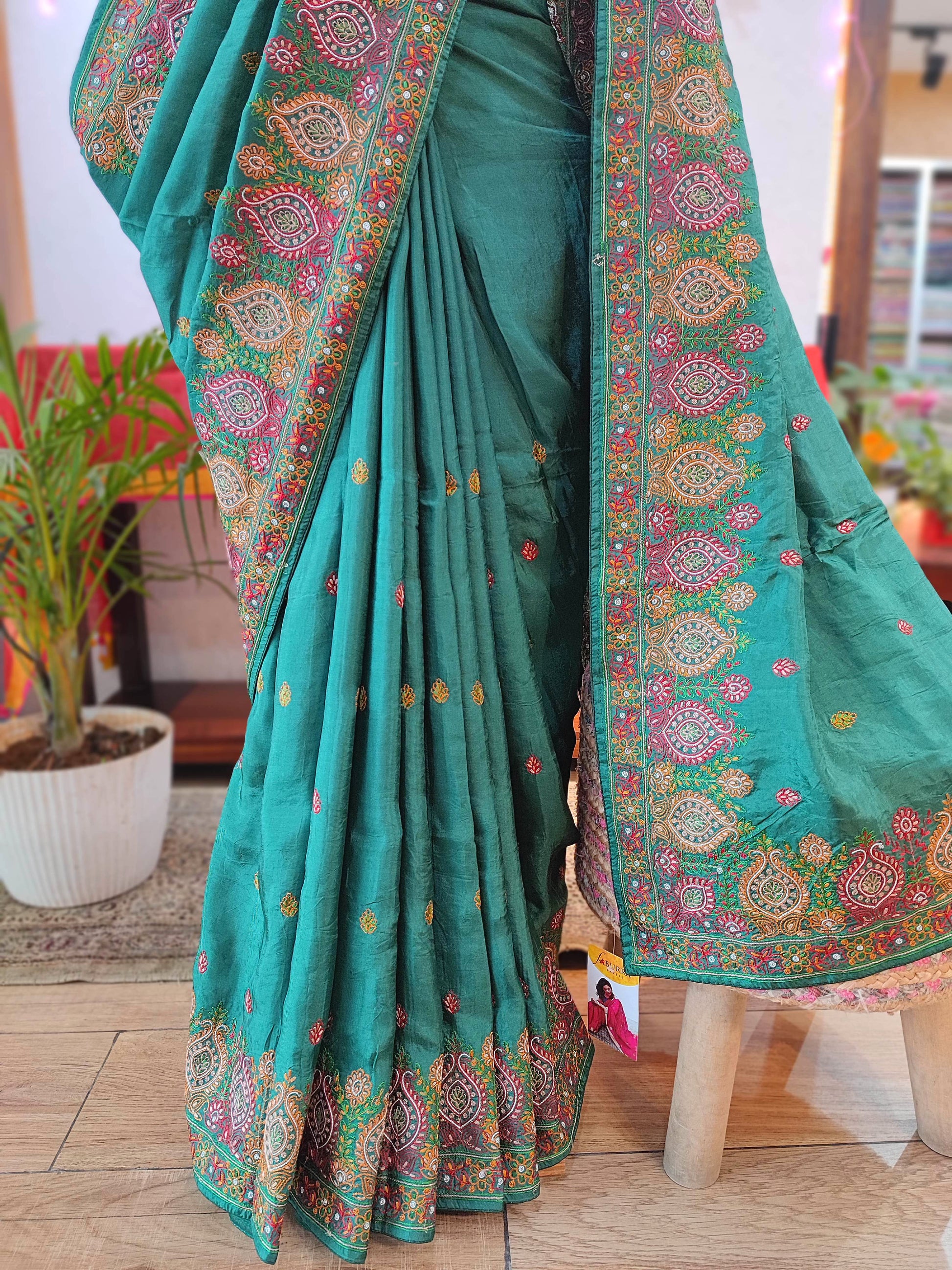 Green Crepe Silk Saree with Handwork Embroidery Border | Festive Wear