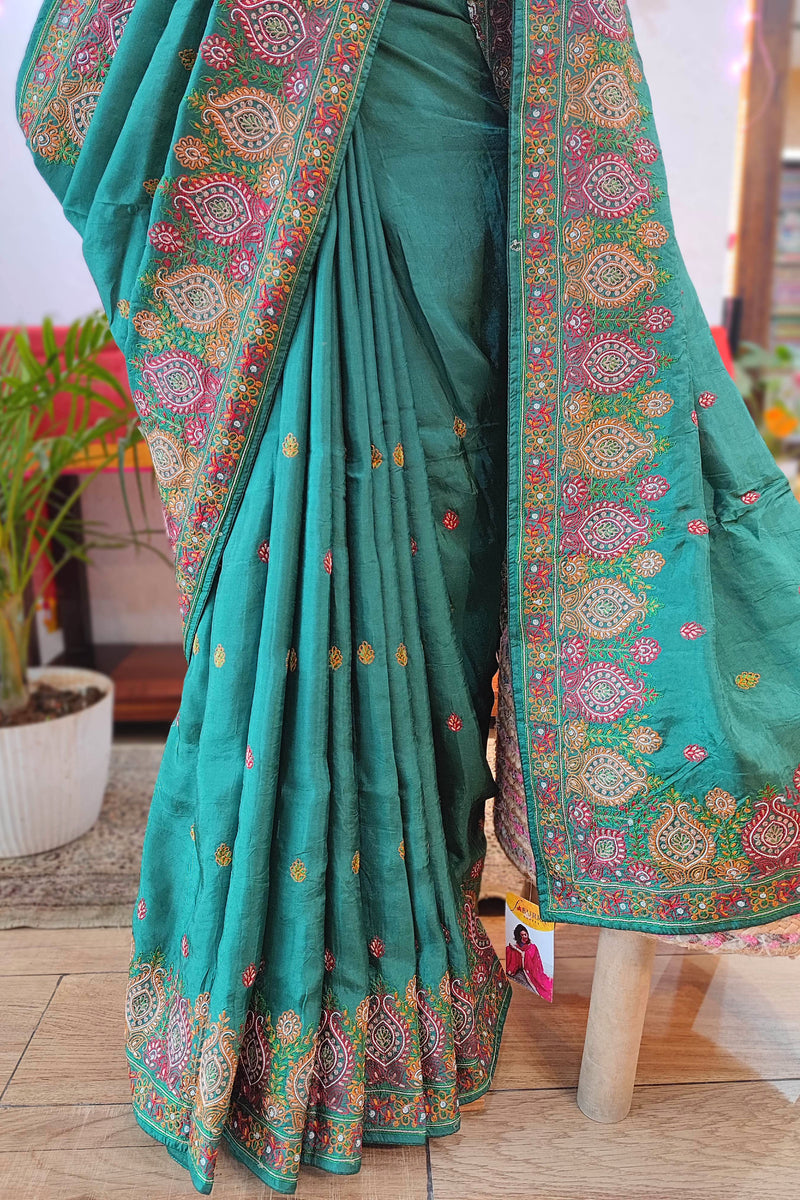 Green Crepe Silk Saree with Handwork Embroidery Border | Festive Wear