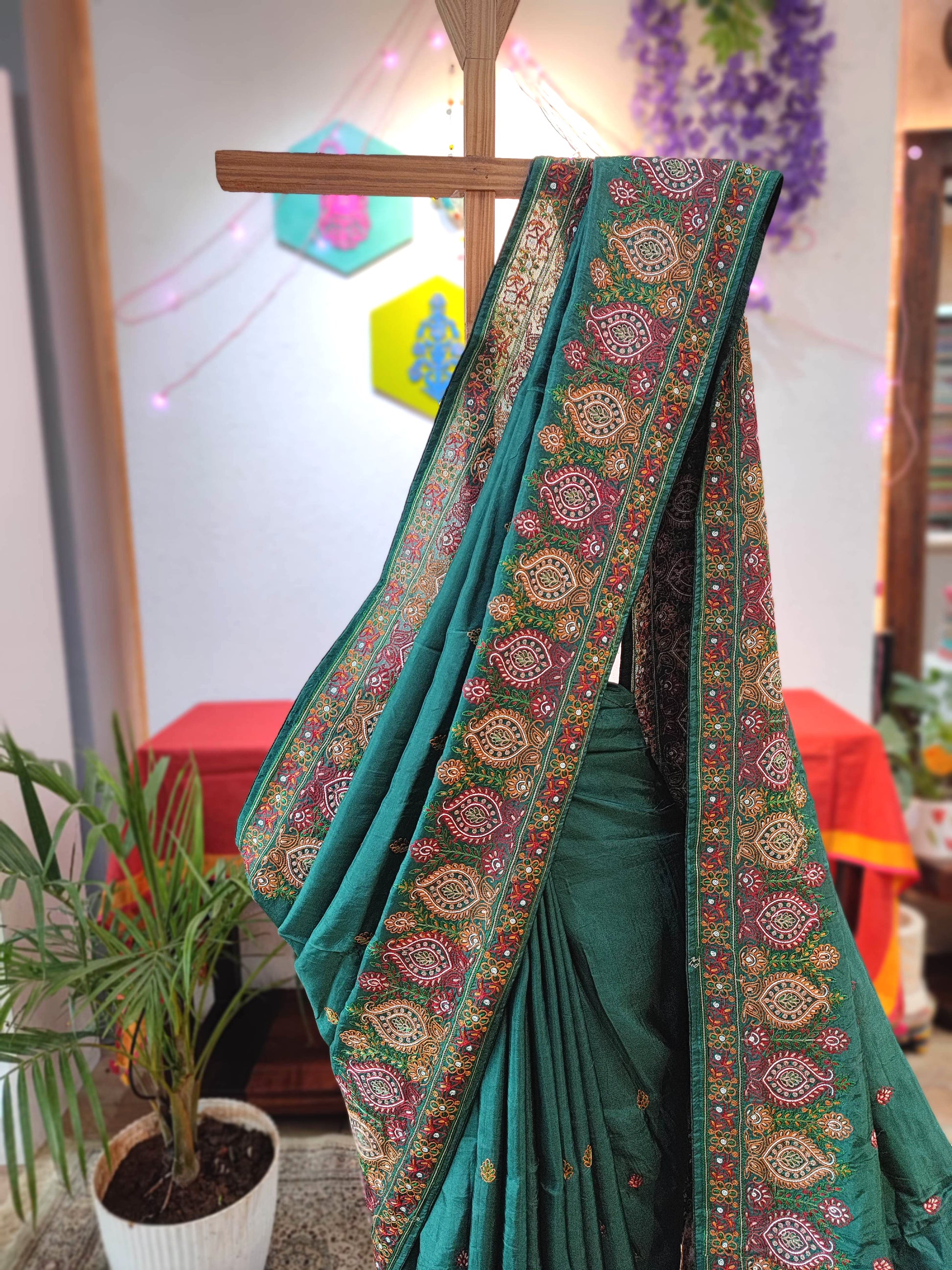 Green Crepe Silk Saree with Handwork Embroidery Border | Festive Wear
