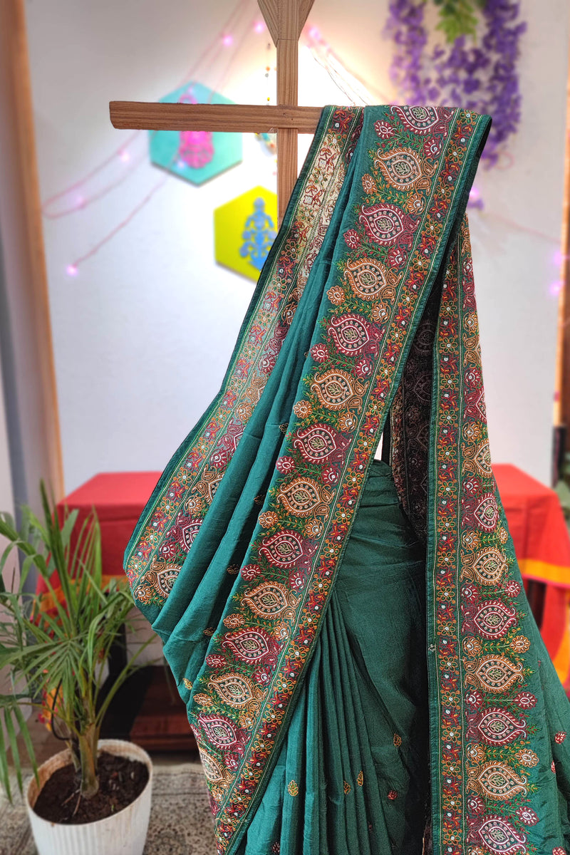 Green Crepe Silk Saree with Handwork Embroidery Border | Festive Wear
