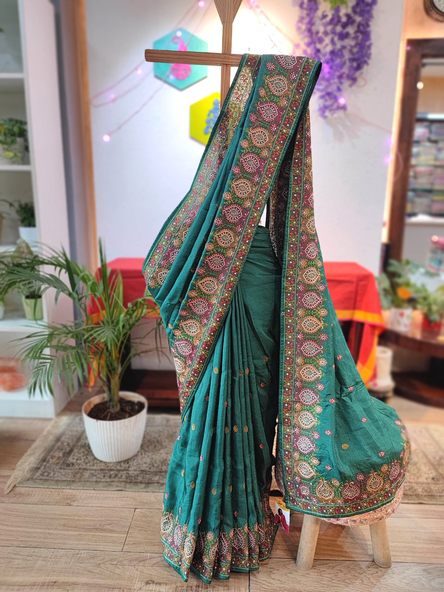 Green Crepe Silk Saree with Handwork Embroidery Border | Festive Wear