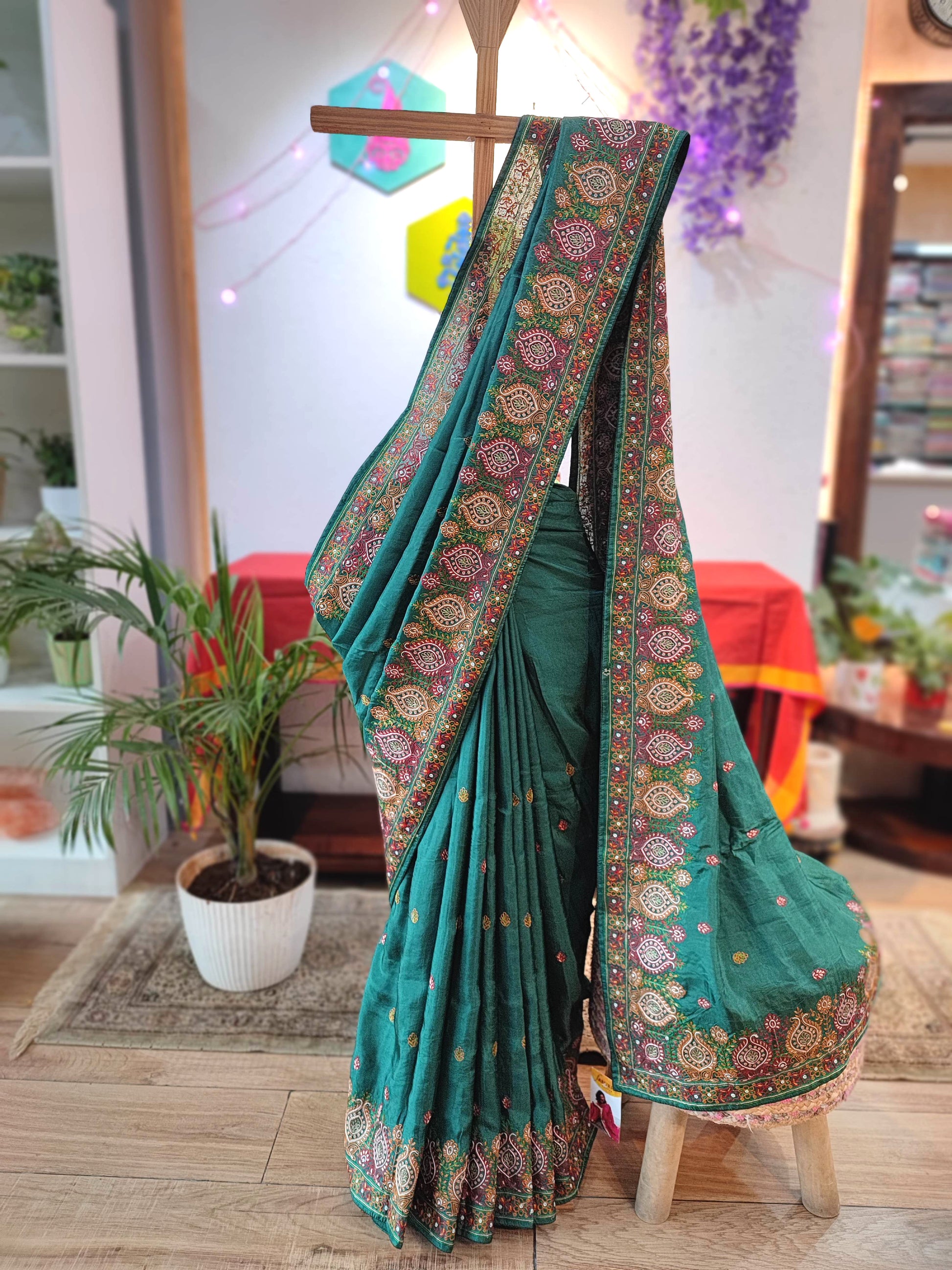 Green Crepe Silk Saree with Handwork Embroidery Border | Festive Wear