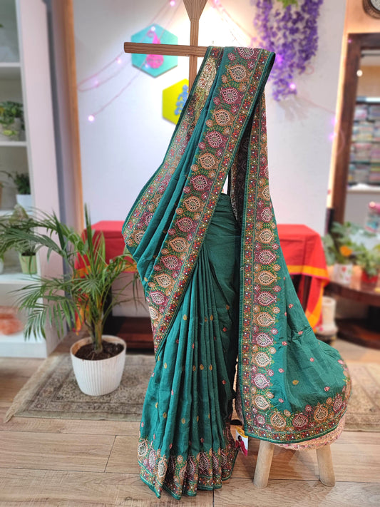 Green Crepe Silk Saree with Handwork Embroidery Border | Festive Wear