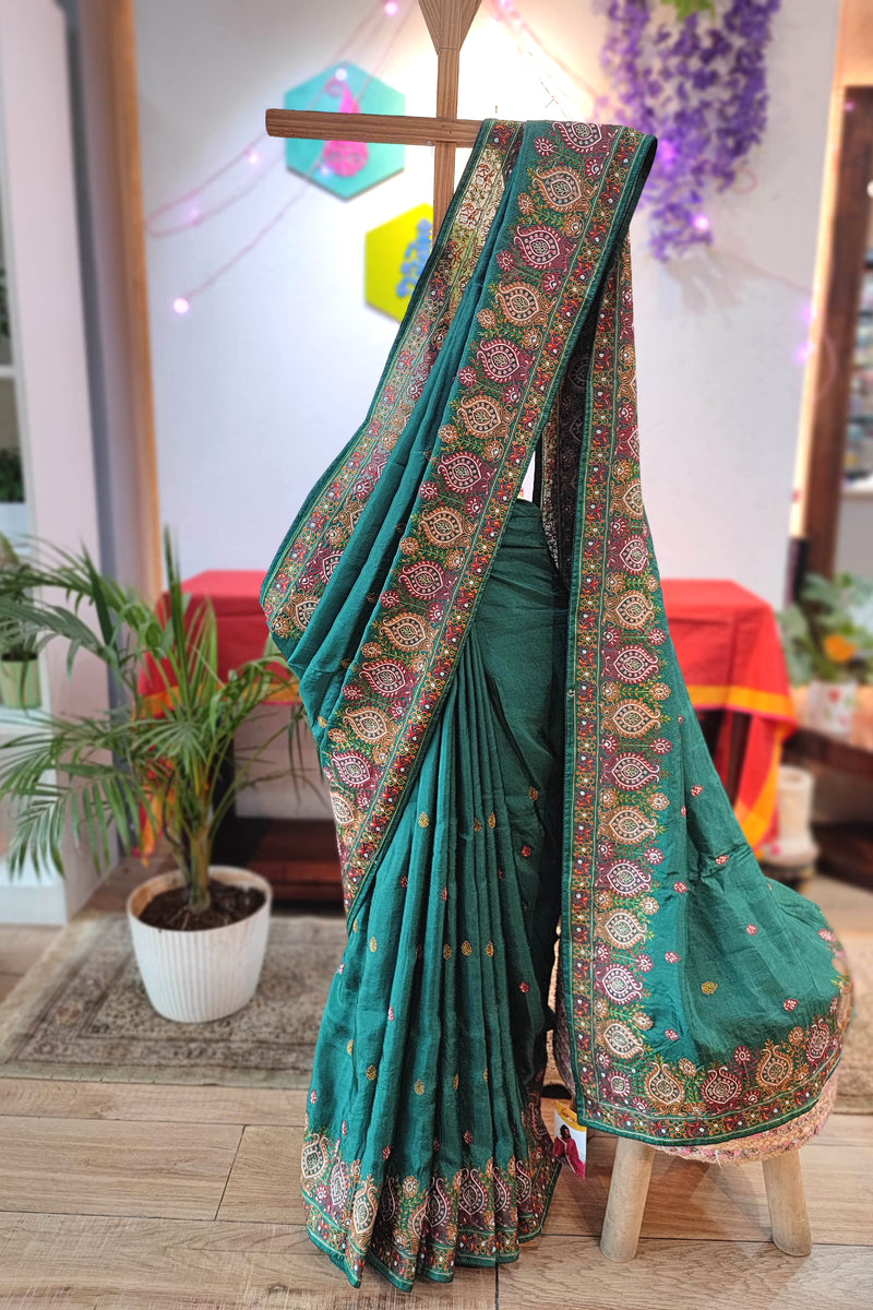 Green Crepe Silk Saree with Handwork Embroidery Border | Festive Wear