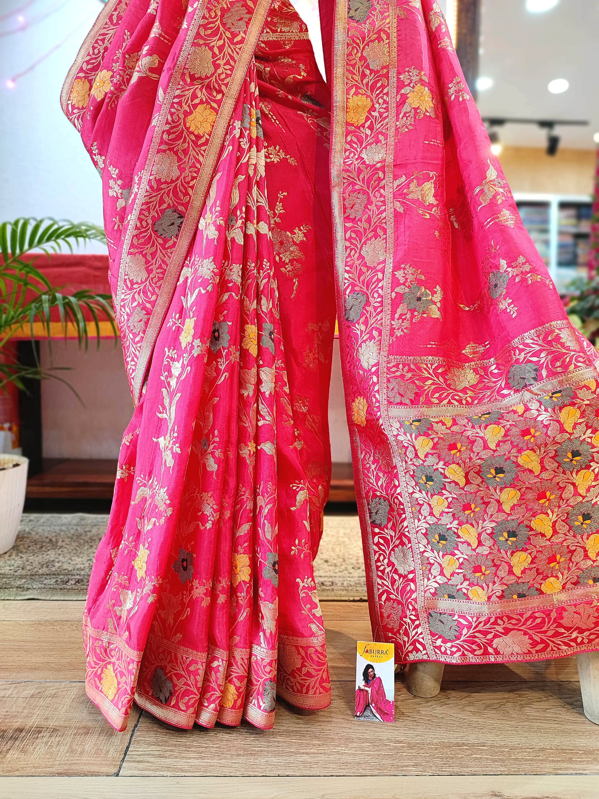 Pink Crepe Silk Banarasi Weaving Saree with Golden Border | Shop Now