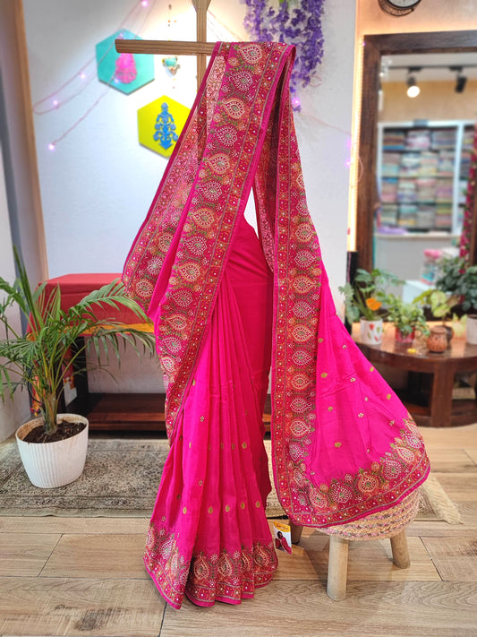 Pink Crepe Silk Saree with Banarasi Weaving Pallu & Border | Wedding Wear