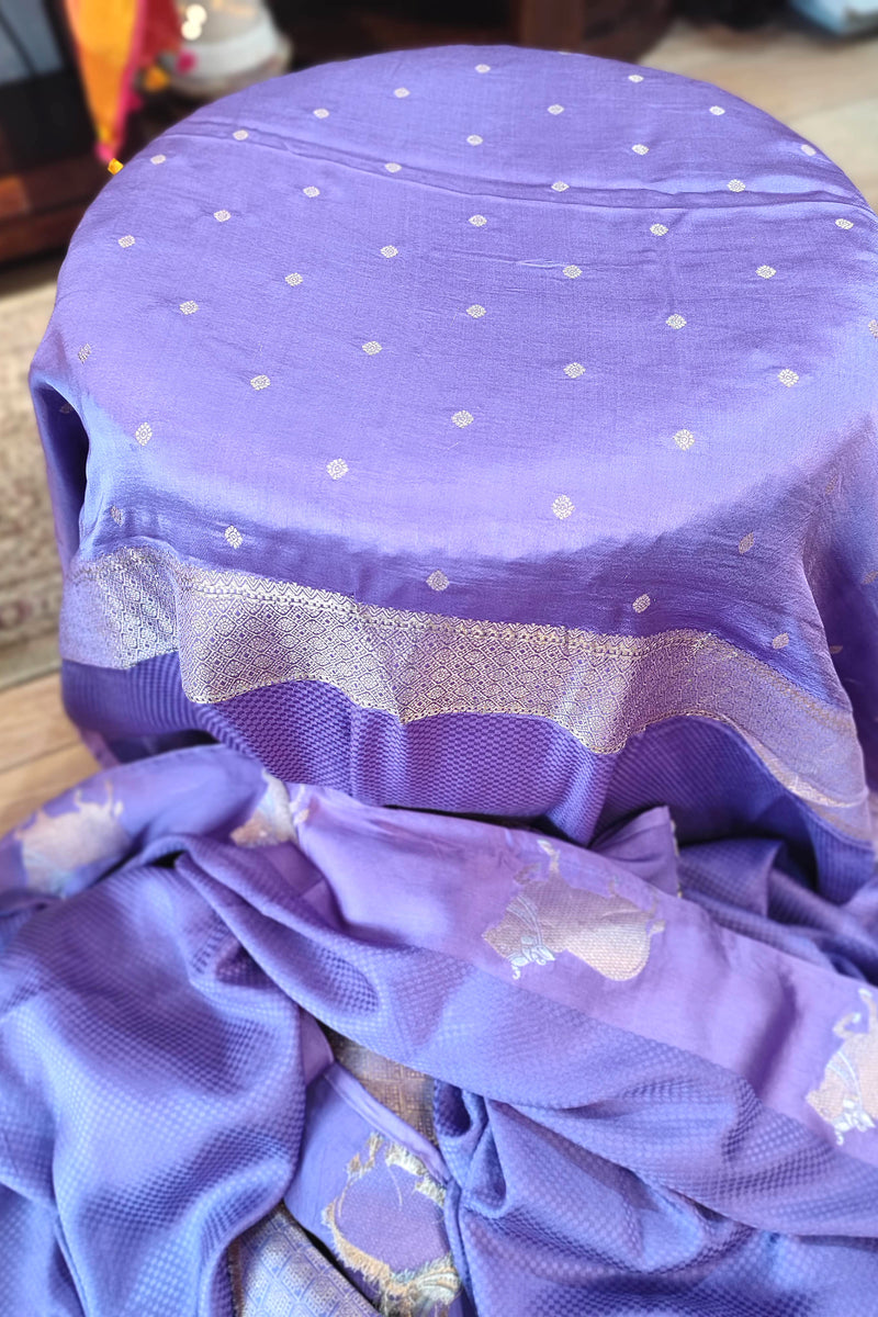Lavender Mashru Silk Saree with Silver Zari Nandi Motifs & Contrast Pallu