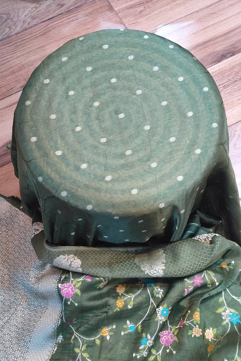 Meenakari Banarasi Crepe Silk Saree in Olive Green | Shop Festive Wear