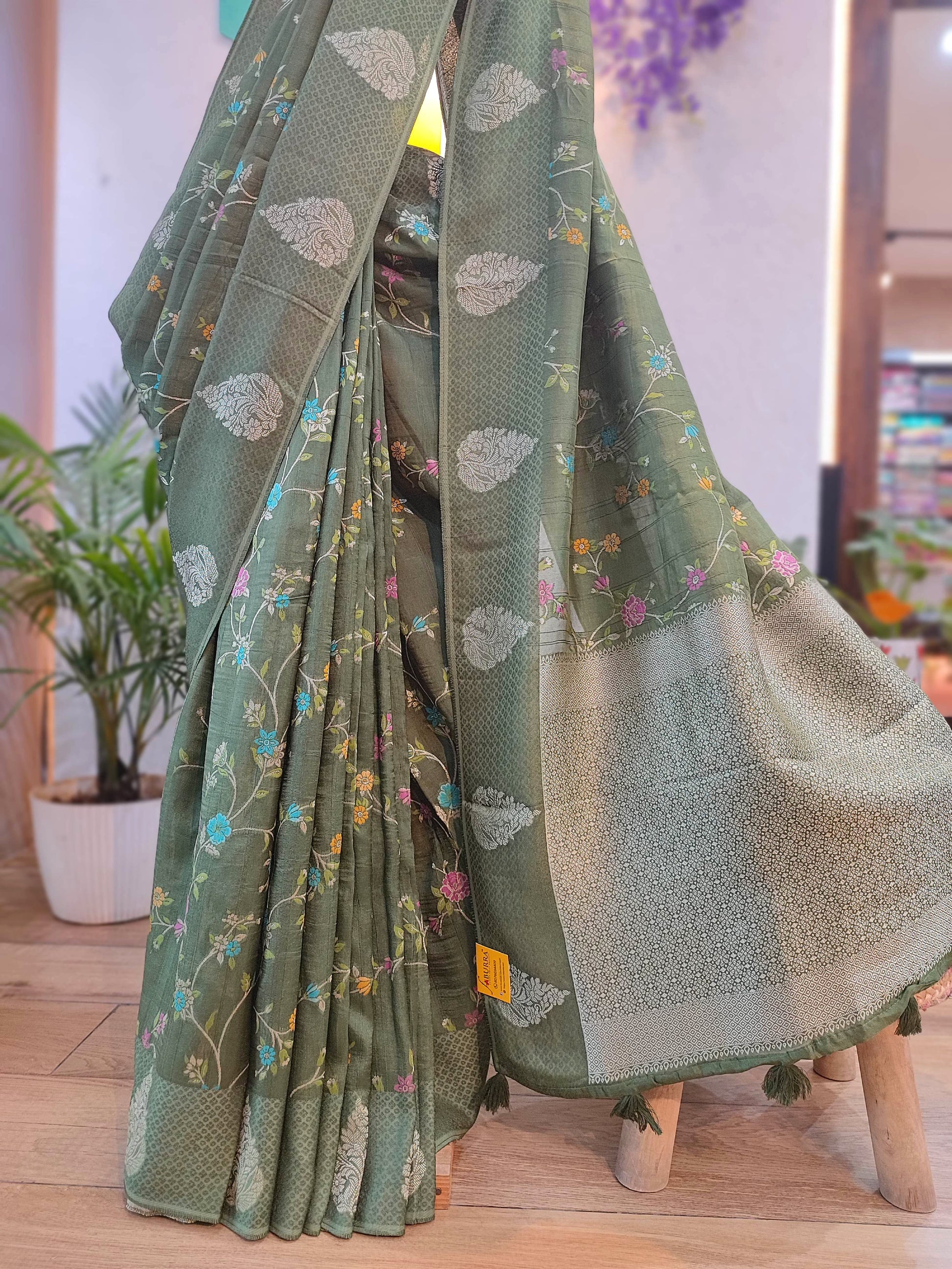 Meenakari Banarasi Crepe Silk Saree in Olive Green | Shop Festive Wear