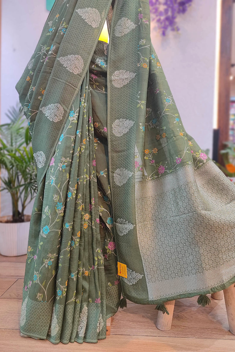 Meenakari Banarasi Crepe Silk Saree in Olive Green | Shop Festive Wear