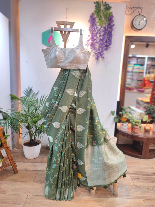 Meenakari Banarasi Crepe Silk Saree in Olive Green | Shop Festive Wear