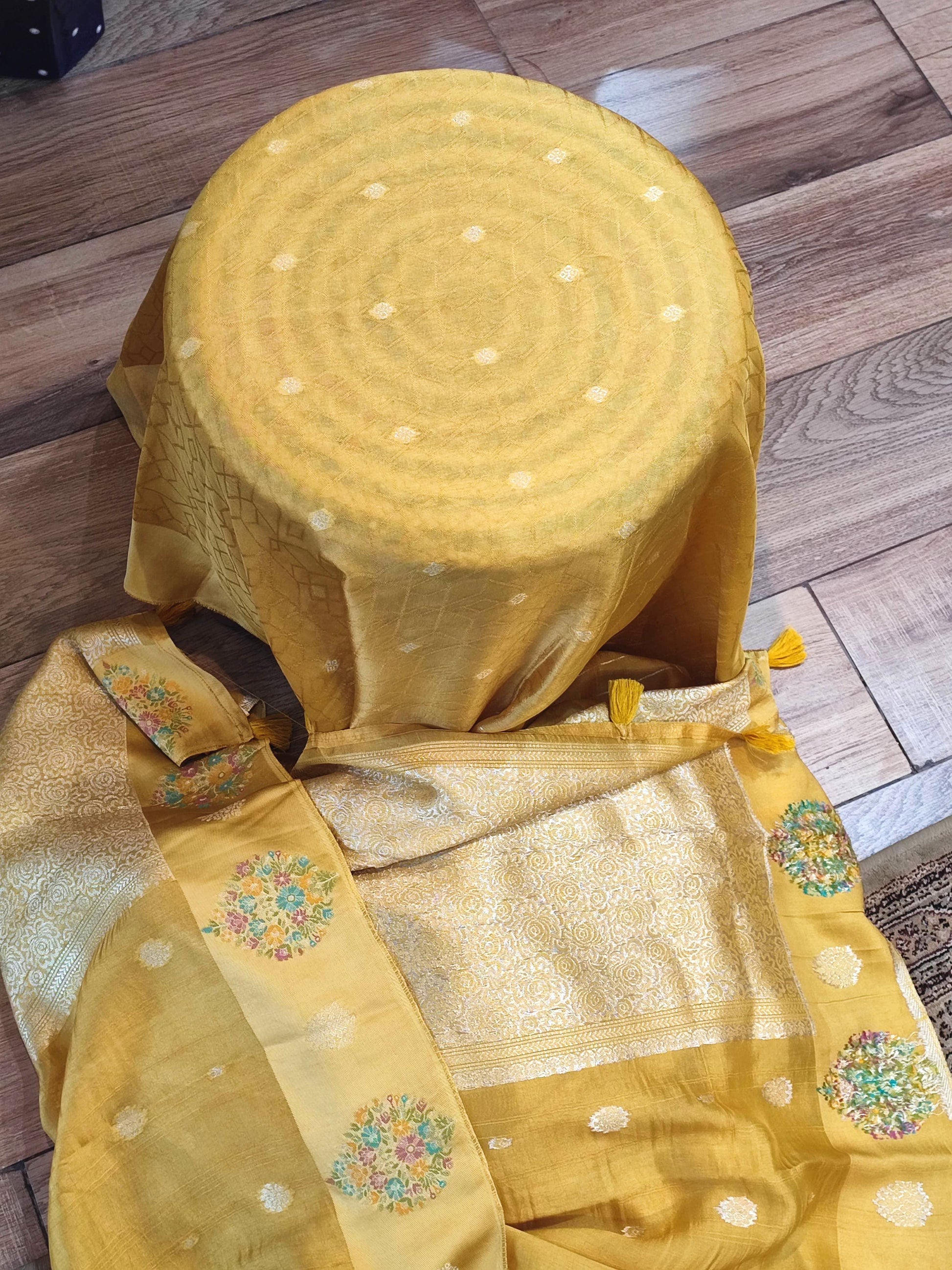 Yellow Crepe Silk Saree with Meenakari Banarasi Weaving | Elegant Party Wear