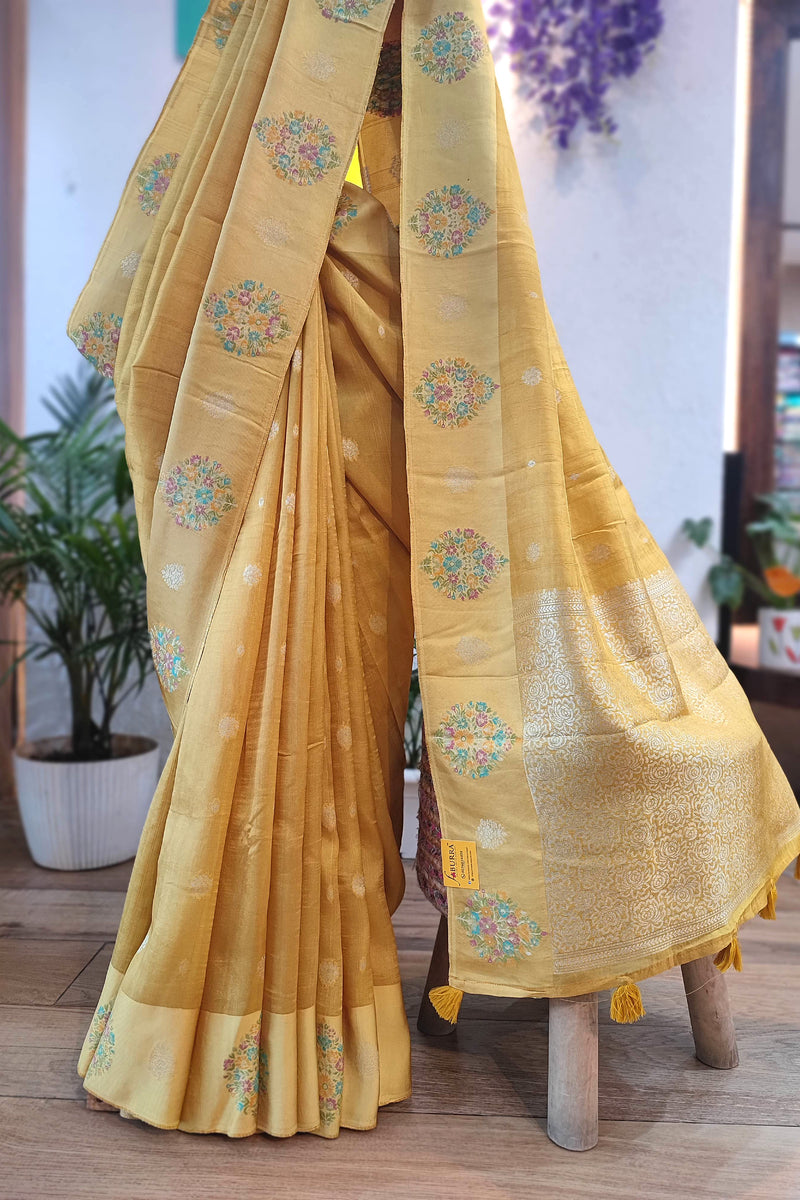 Yellow Crepe Silk Saree with Meenakari Banarasi Weaving | Elegant Party Wear