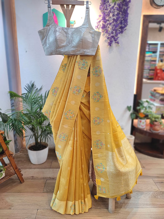 Yellow Crepe Silk Saree with Meenakari Banarasi Weaving | Elegant Party Wear